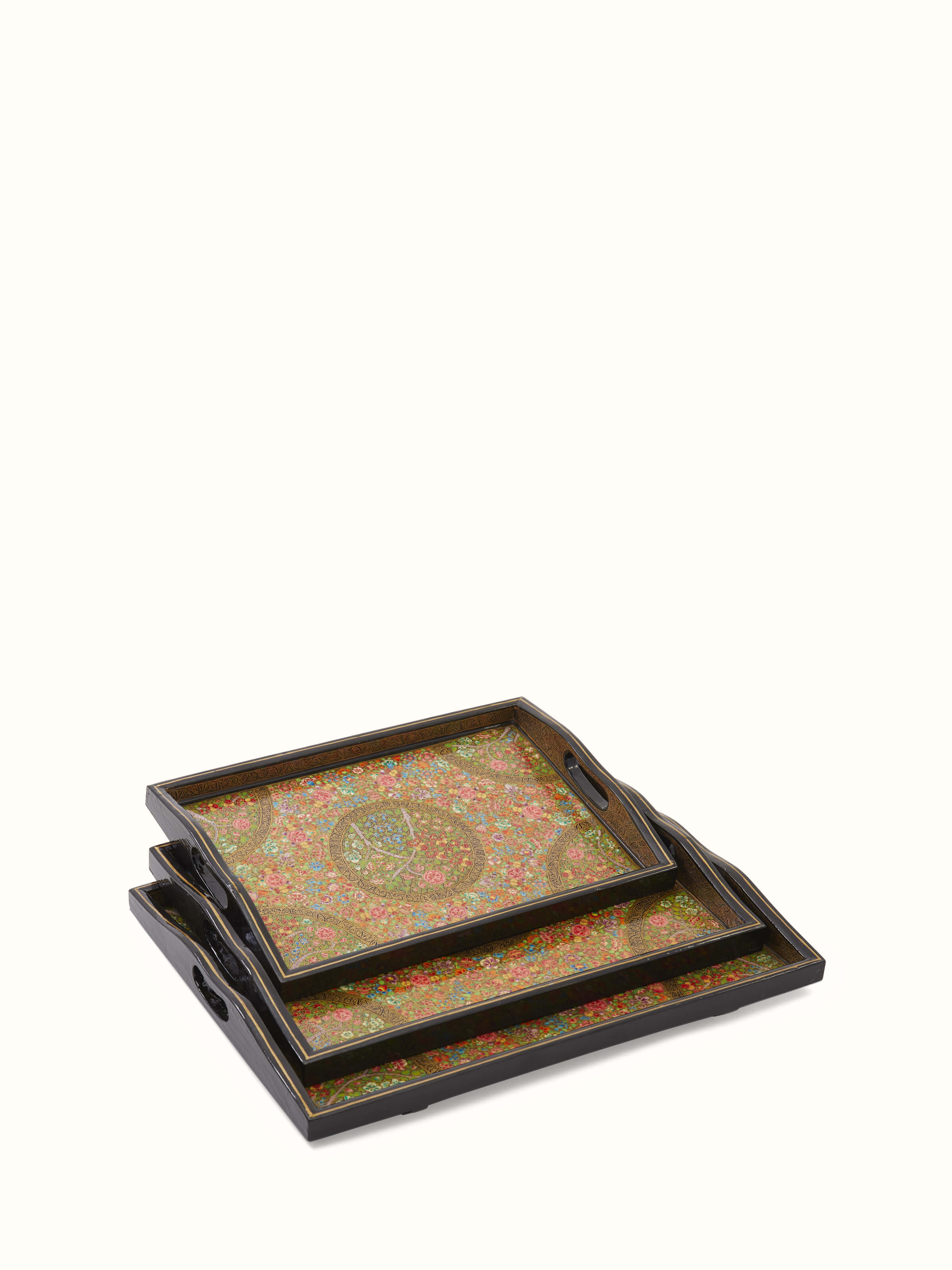 Front view of Papier Mache Paper Pulp Decor Trays set of 3 showing the overall design and colors