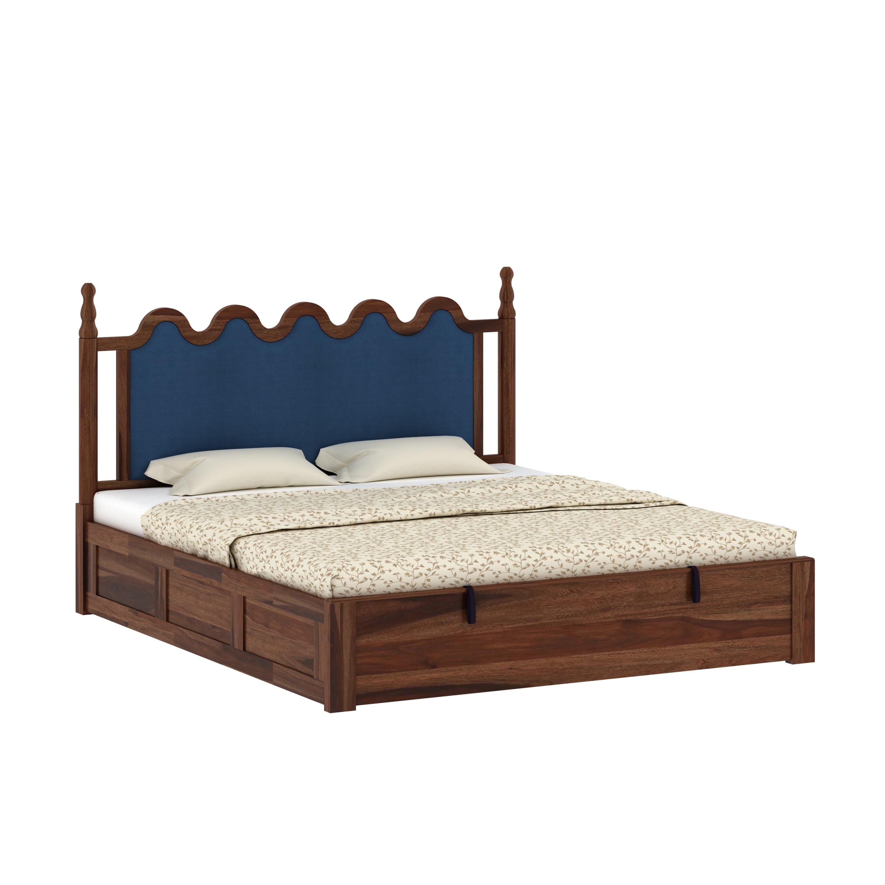 Tavora Sheesham Wood Queen Size Bed With Hydraulic Storage In Provincial Teak Finish