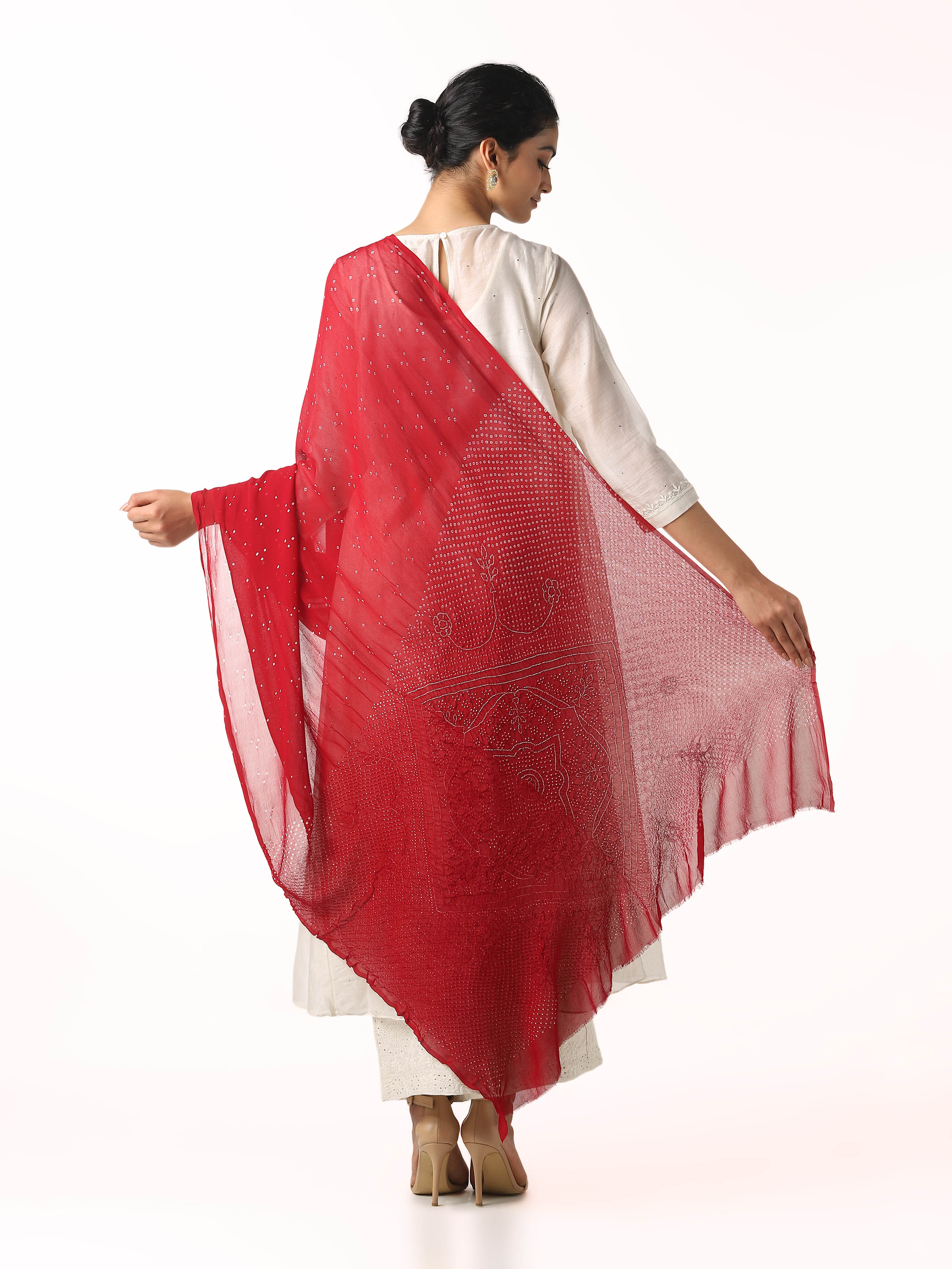 Back view of red georgette Bandhani tie and dye dupatta showing full design layout