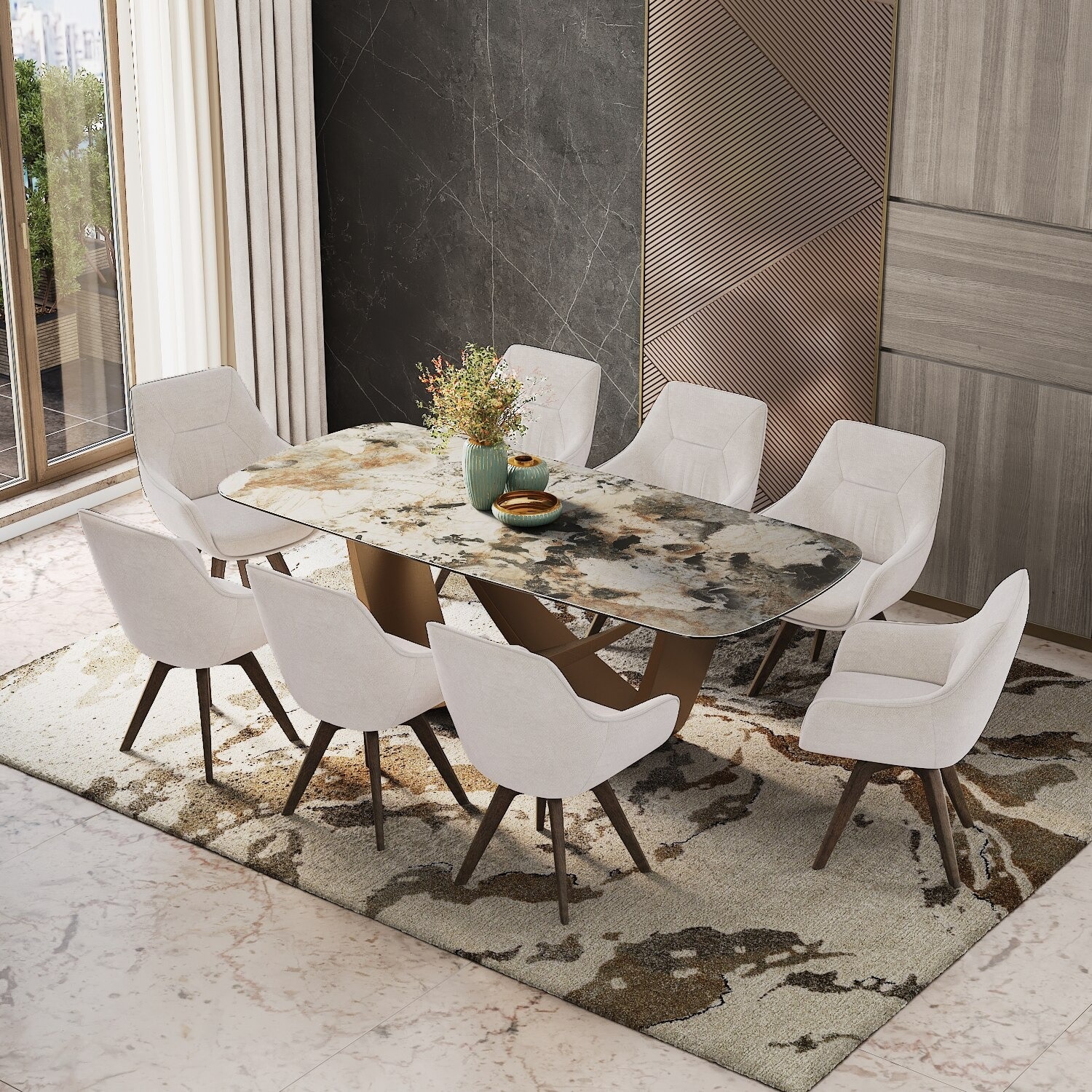 Paloma 8 Seater Spanish Ceramic Dining Table With Set of 4 Wella Dining Chair