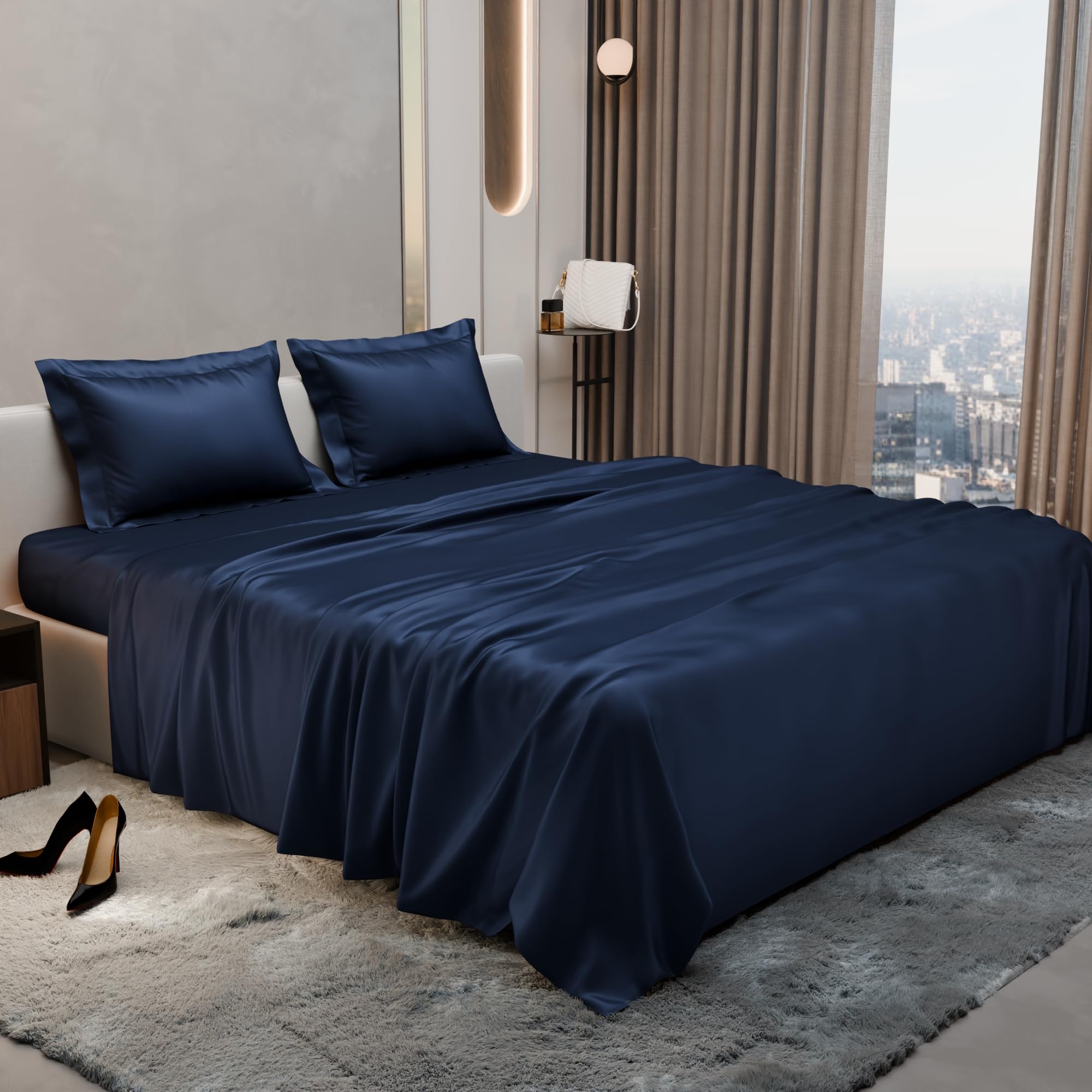 Stoa Paris Satin Bedsheet King Size with 2 Pillow Covers heet King Mystique Blue - Stoa Paris