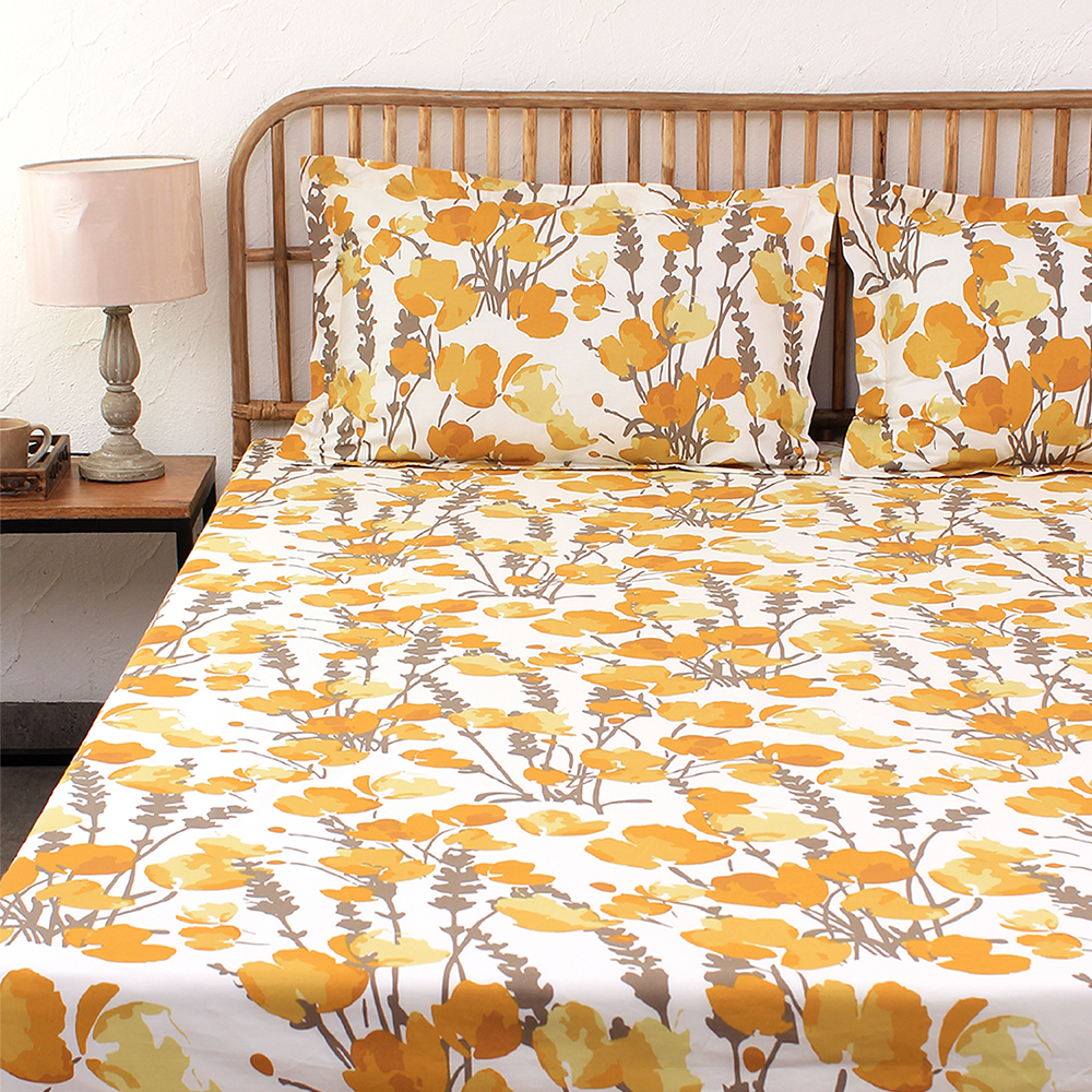 Himalayan Poppies 1 Single Bed Sheet & 1 Pillow Cover with Yellow colour