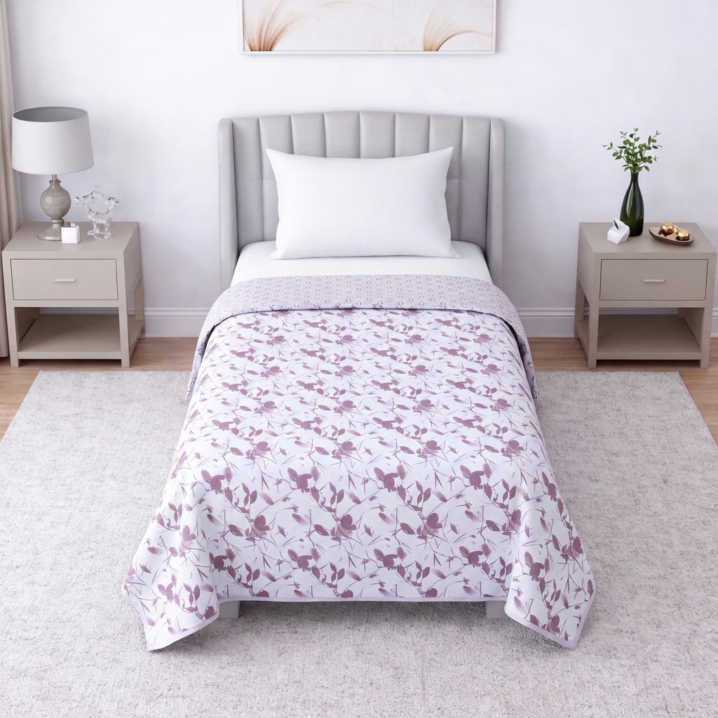 Lavender And White Floral Cotton 400 Tc Reversible Single Bed Dohar 240 X160 Cm