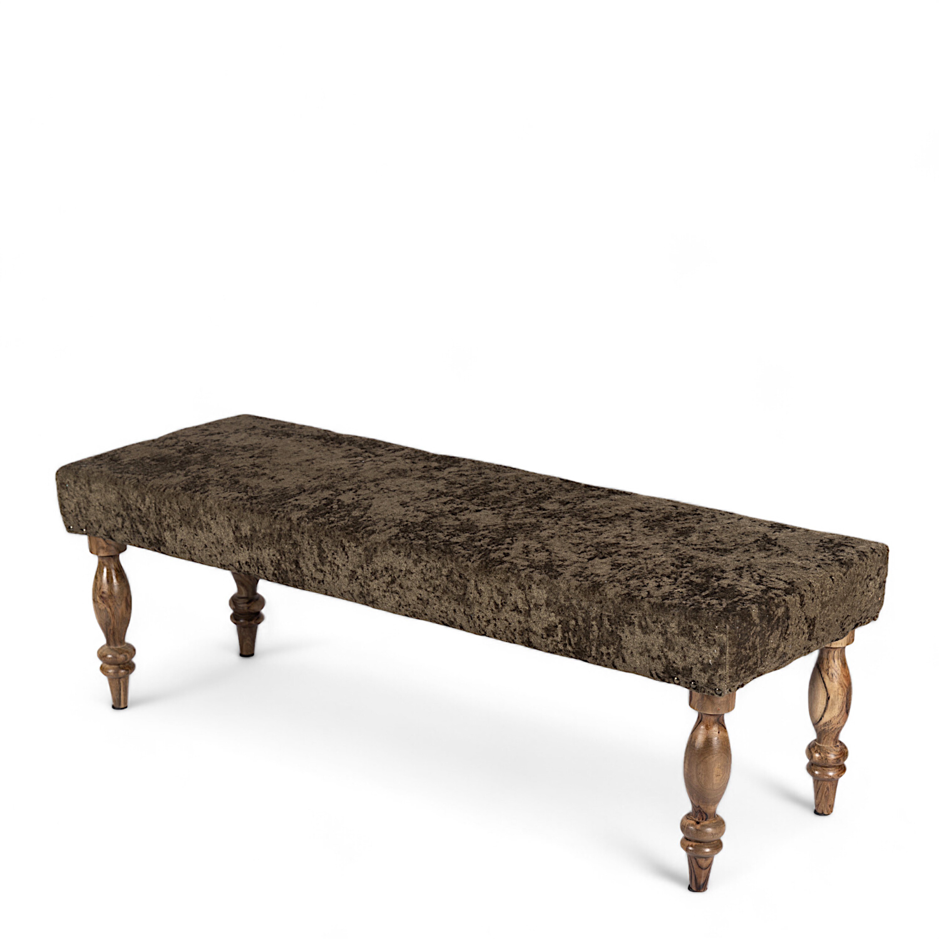 Cairo Sheesham Wood Accent 3 Seater Bench In Green Sparkle Velvet