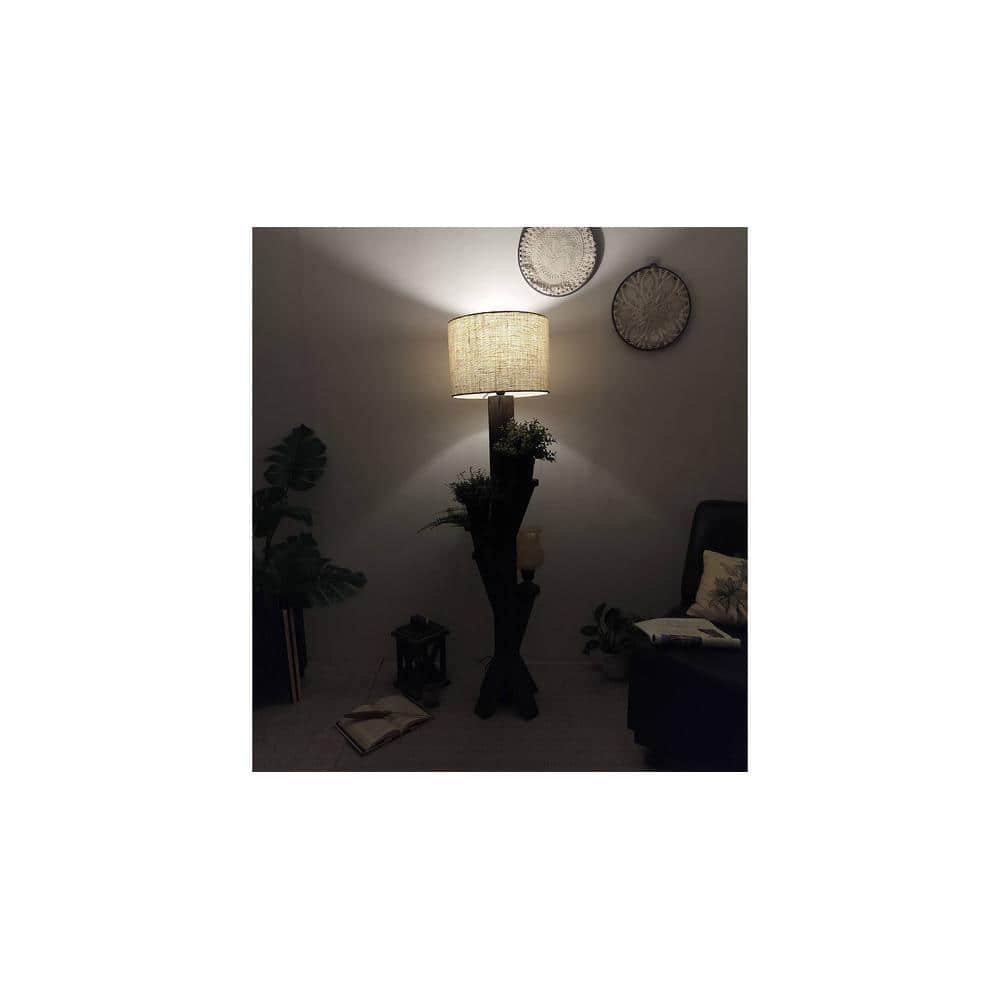 Woods Wooden Floor Lamp with Brown Base and Jute Fabric Lampshade