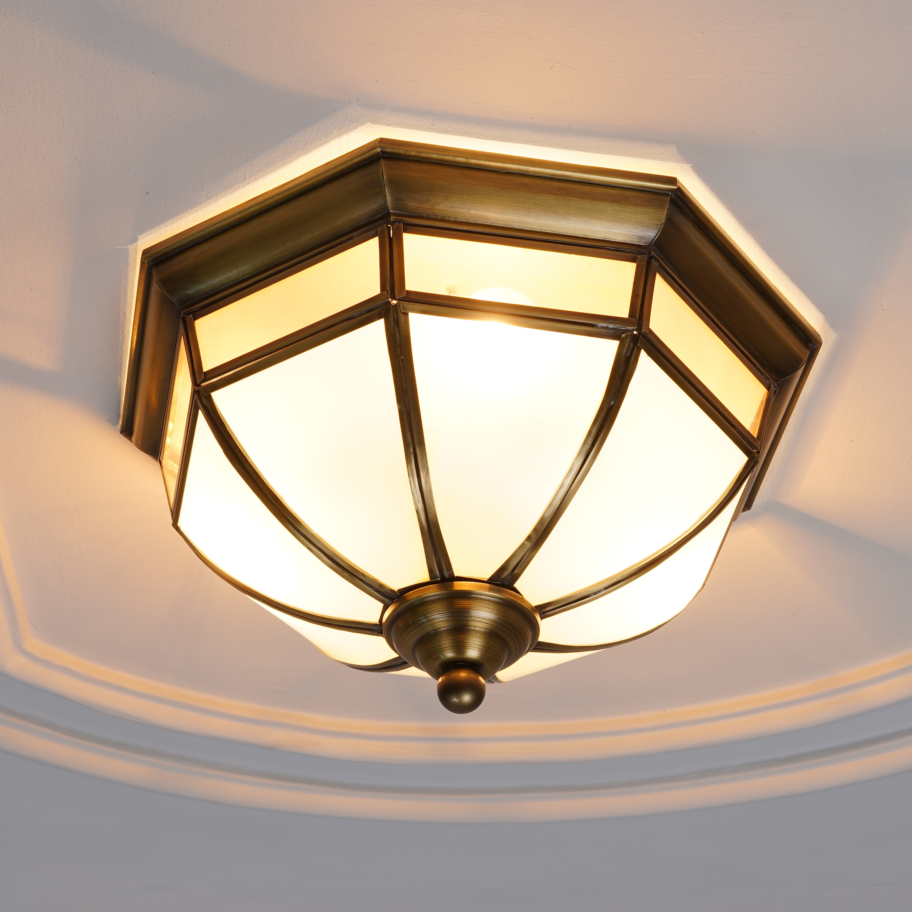 Mirage Frosted White & Antique Brass Flush Ceiling Light