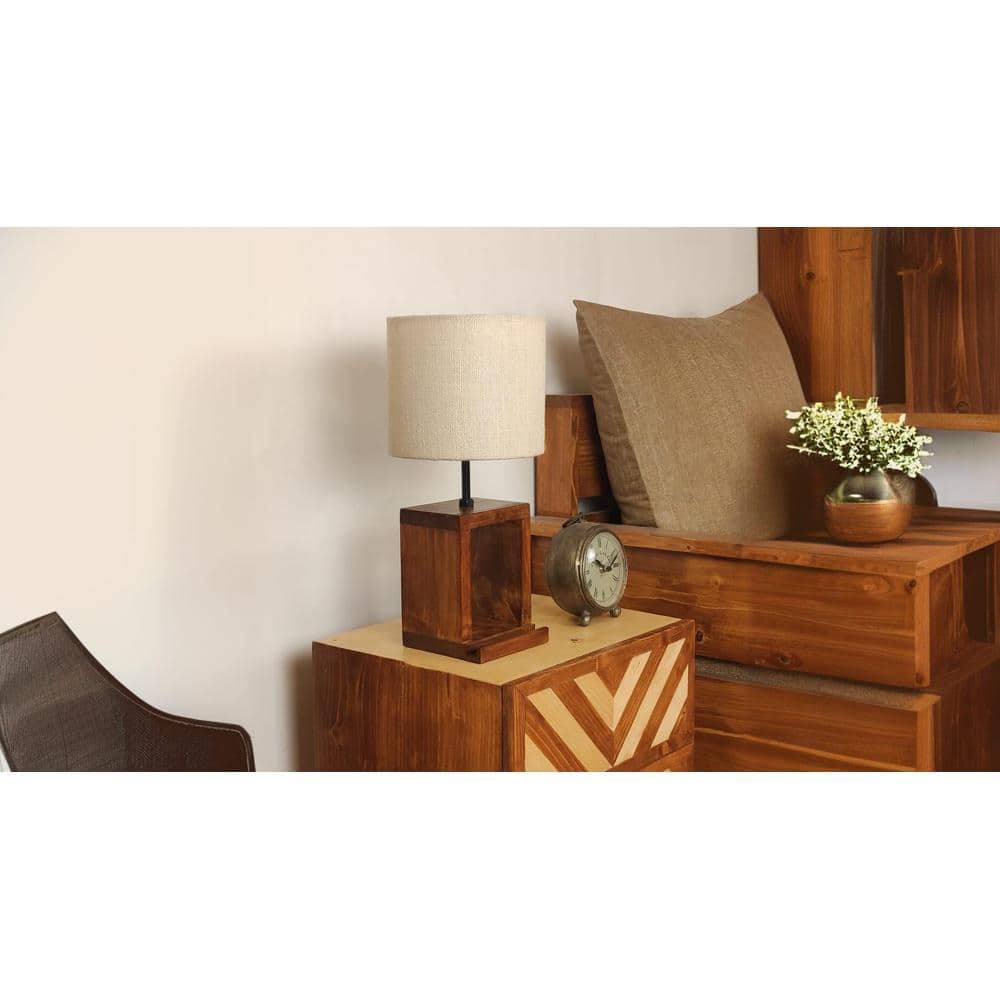 Moby Brown Wooden Table Lamp with Yellow Printed Fabric Lampshade