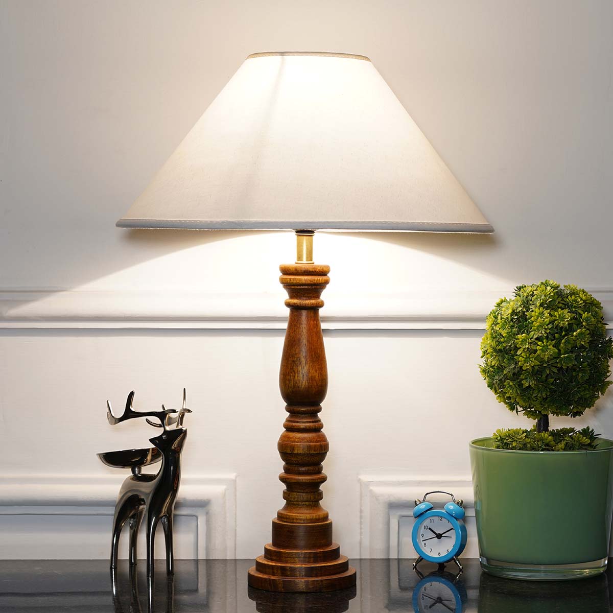 Hatton hand crafted Solid wood honey finish table lamp With White Cotton Shade - Kapoor Lamp Shades