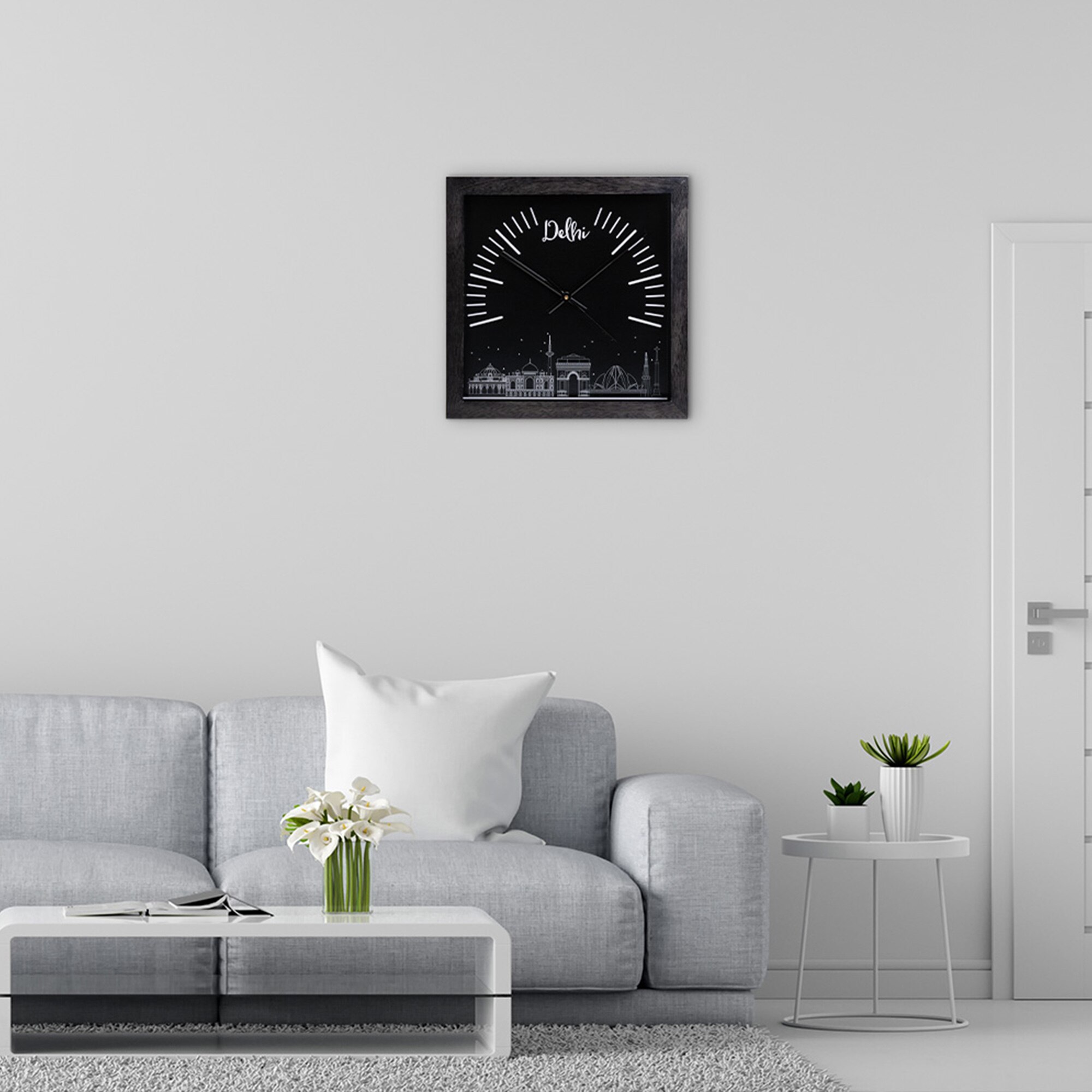 Delhi Skyline Wood Wall Clock with Minimal Black Dial