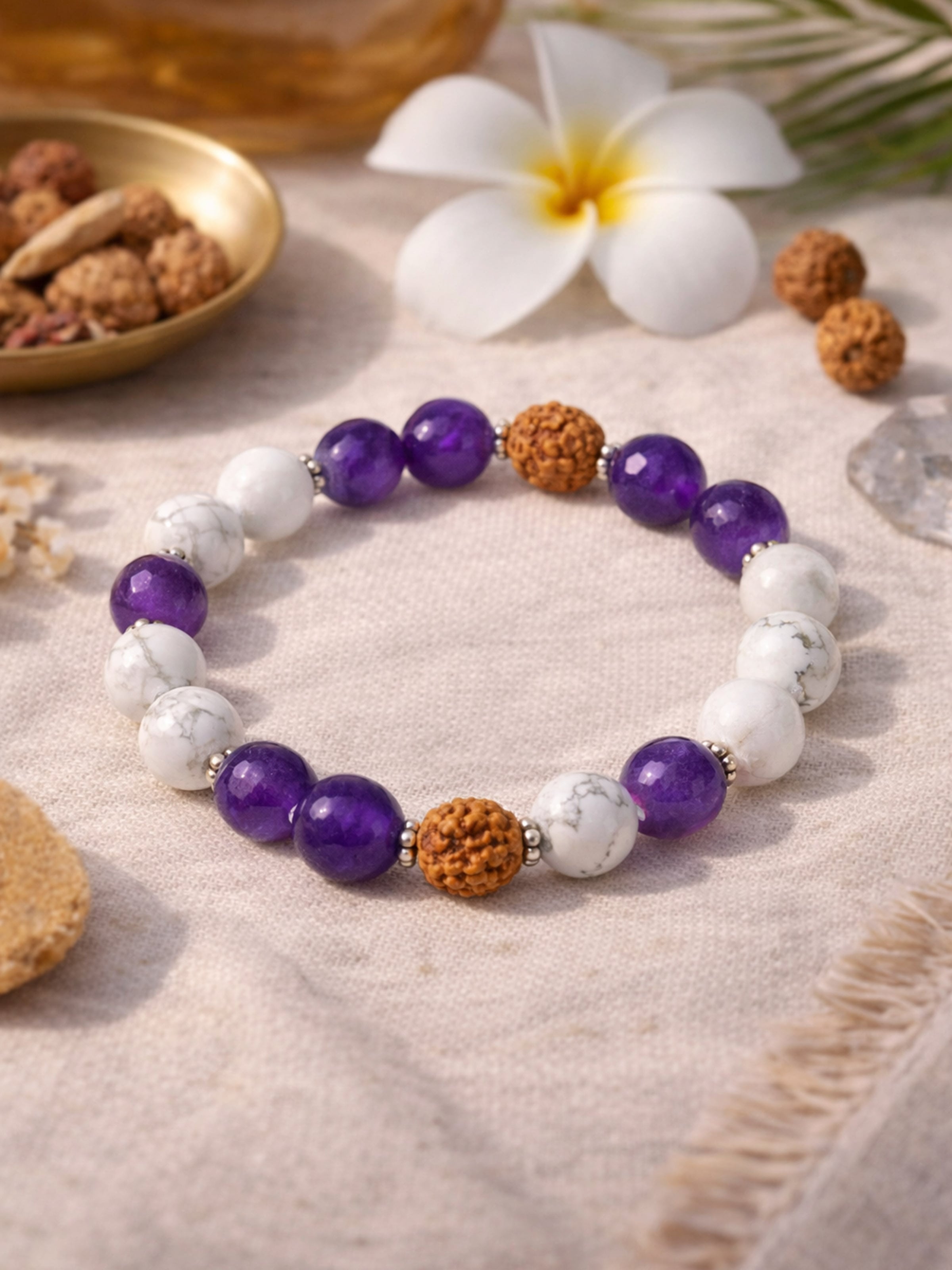 Gemstone Rudraksha, Amethyst & Howlite Silver Bracelet