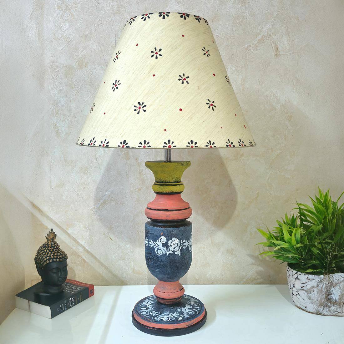Pillar Dotted Pink Stone Wooden Table Lamp in Multicolor