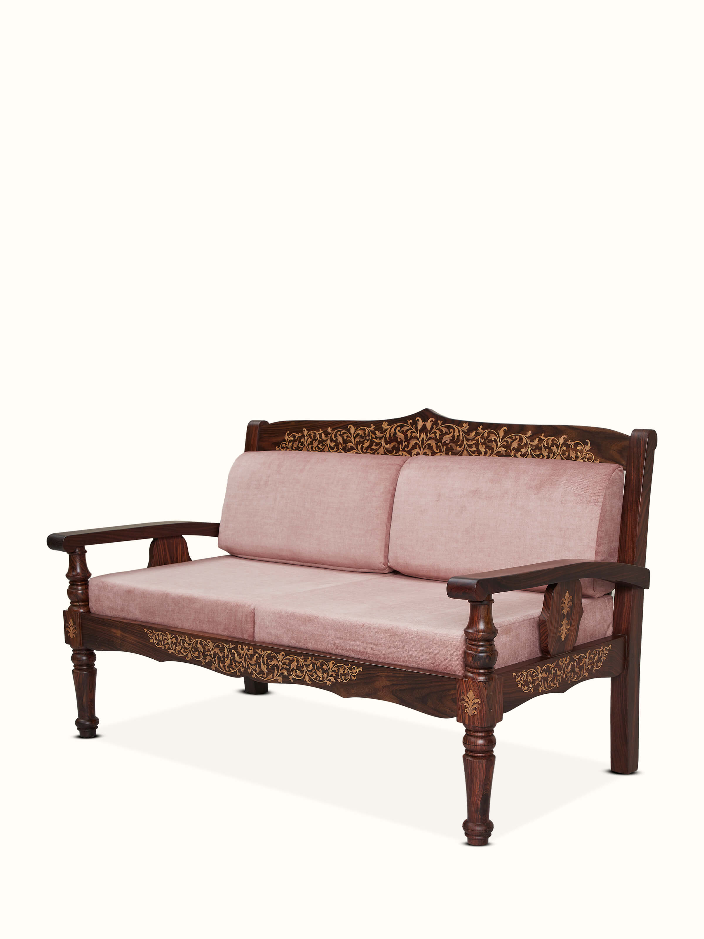 Close-up view of the Mysore Rosewood inlaid 2-seater sofa, highlighting the detailed wood inlay work and upholstered fabric.