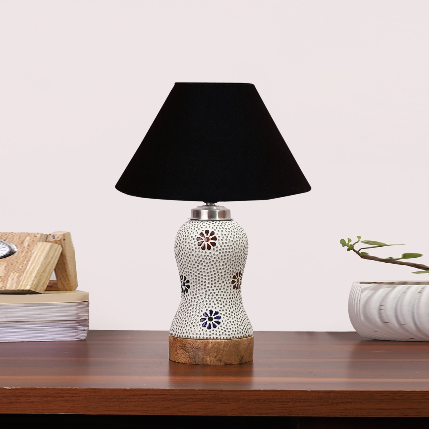 Devansh Conical Black Cotton Shade Lamp With Wood & Mosaic Glass Base For Decoration/Office/Home/Gifting/Study For Decoration/Office/Home/Gifting/Study -(10X10X14.5) Inches -A