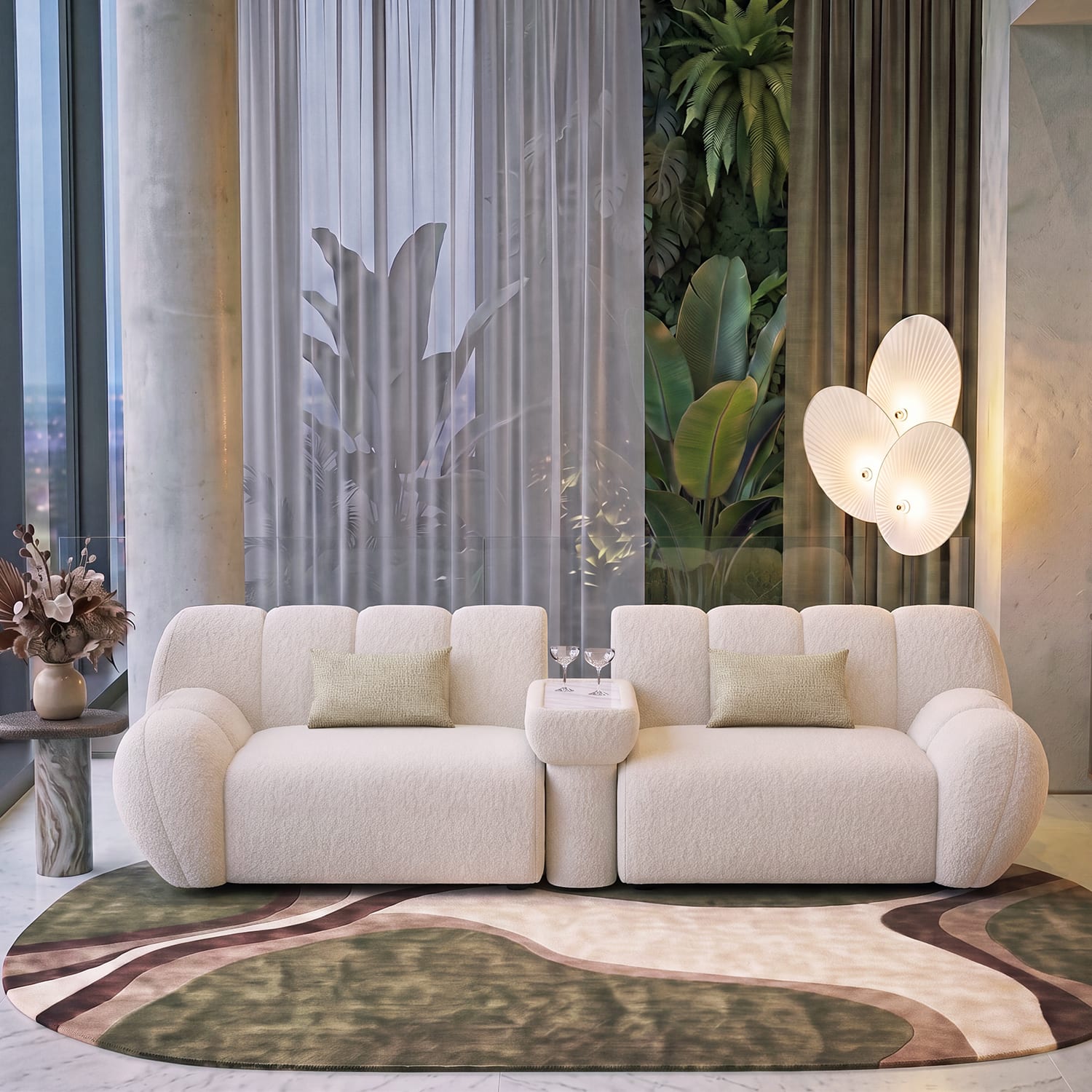 Cannoli 3 Seater Fabric Sofa with Marble Top Table in Pearl Cloud Colour