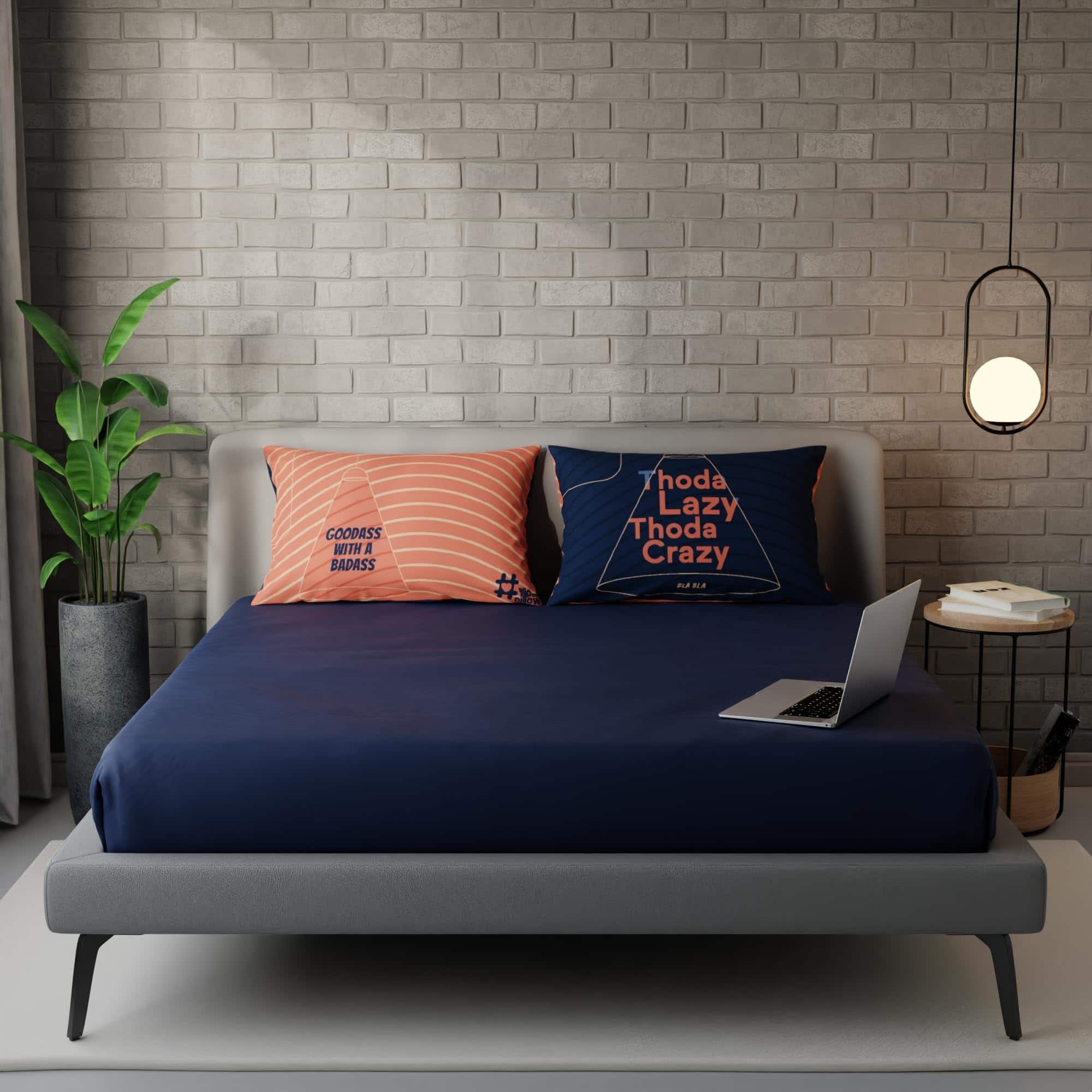 Stoa Paris Satin Bedsheet for Double Bed heet for Navy Blue & Orange, Thoda Lazy Thoda Crazy