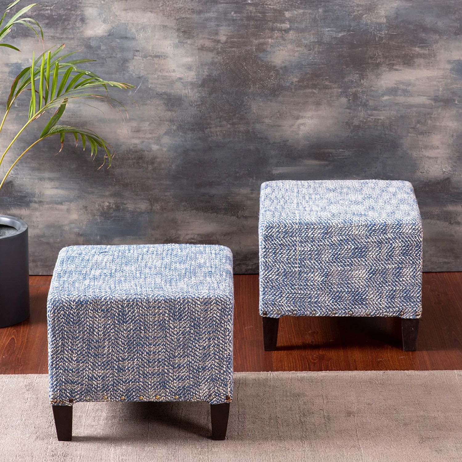 Slub Jacquard Wooden Seating Stool in Blue Color Set of 2 - Nestroots