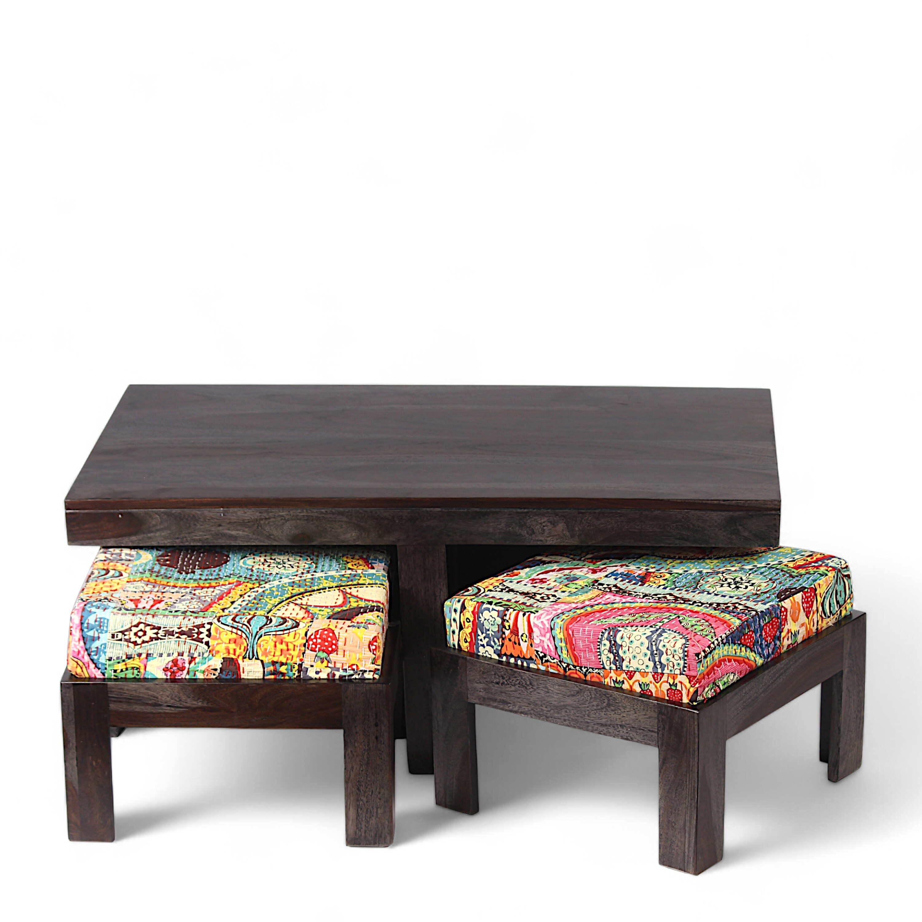 Irish Sheesham Wood Coffee Table With 2 Stools Set In Mahogany Finish & Multi Colour Israel Print Kantha Fabric Cushions