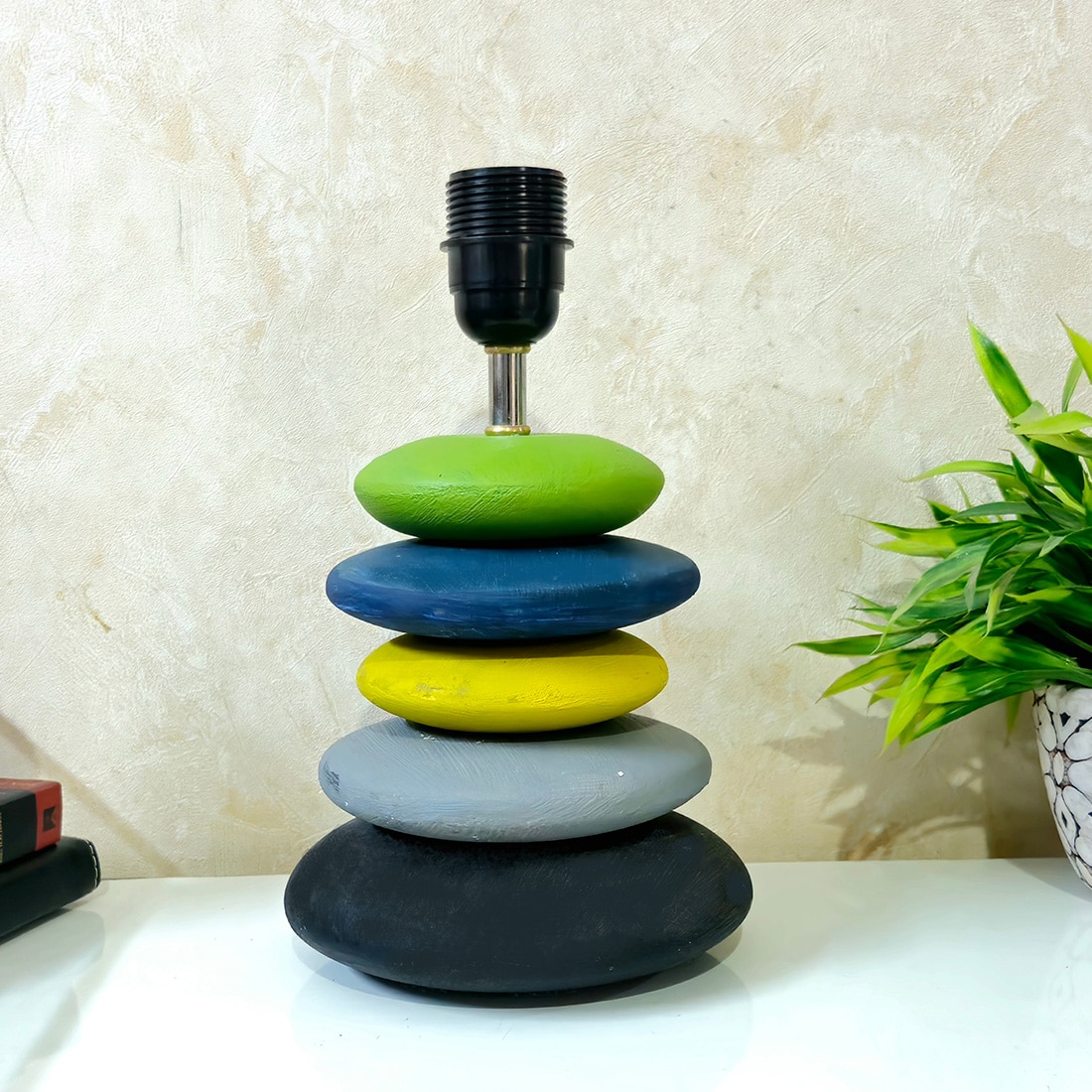 Pebble Green Yellow Blend Wooden Table Lamp in Multicolor