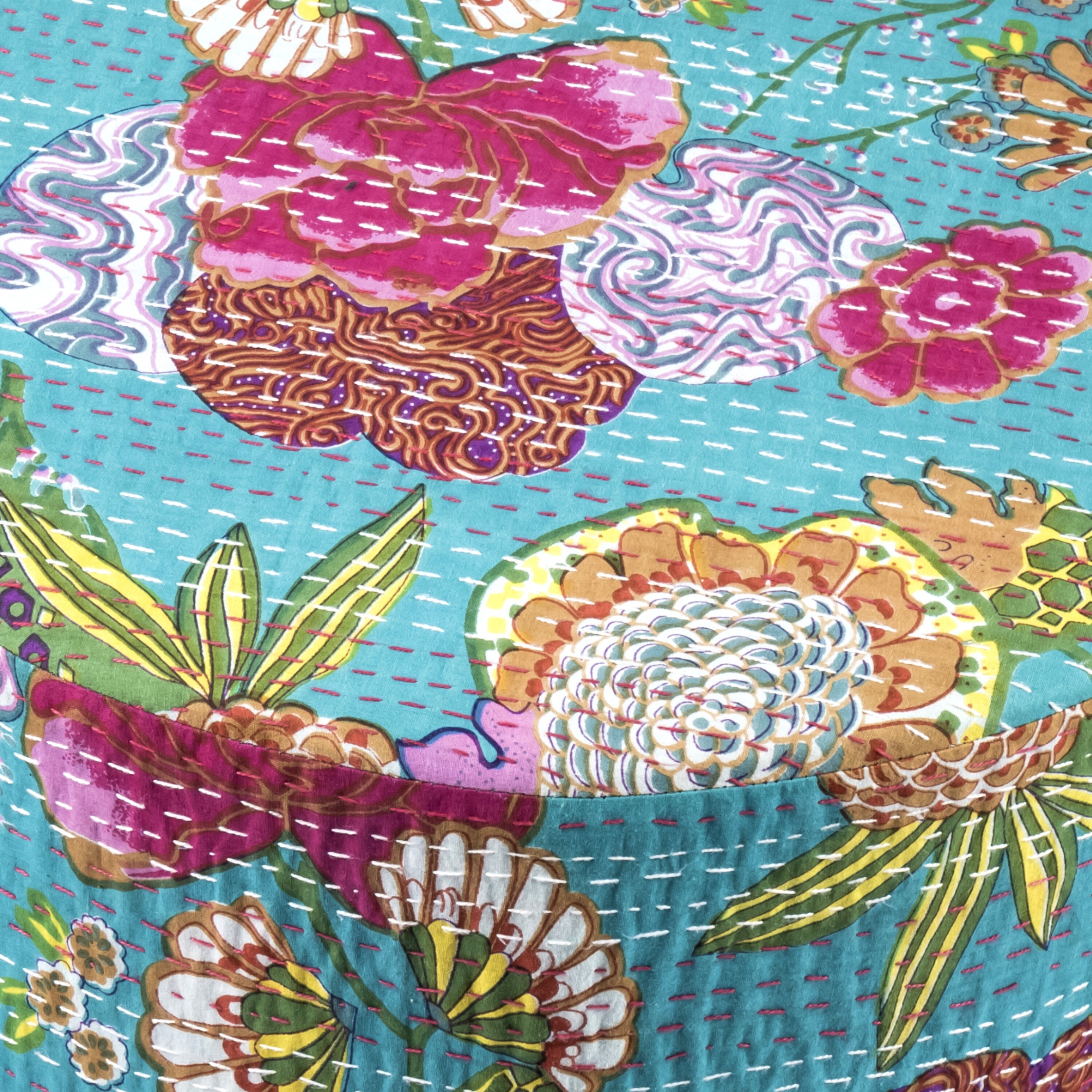 Morgan Solid Wood Pouf Stool in Floral Print Green Kantha Fabric