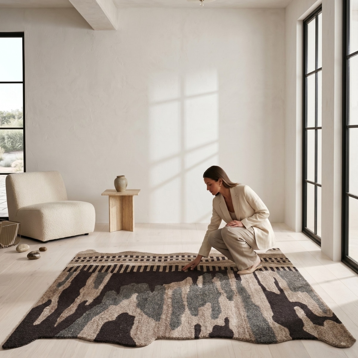 Handmade Wool Shaped Rug Modern Abstract Brown Grey 5 x 7 Feet Carpet - NEU LOOMS