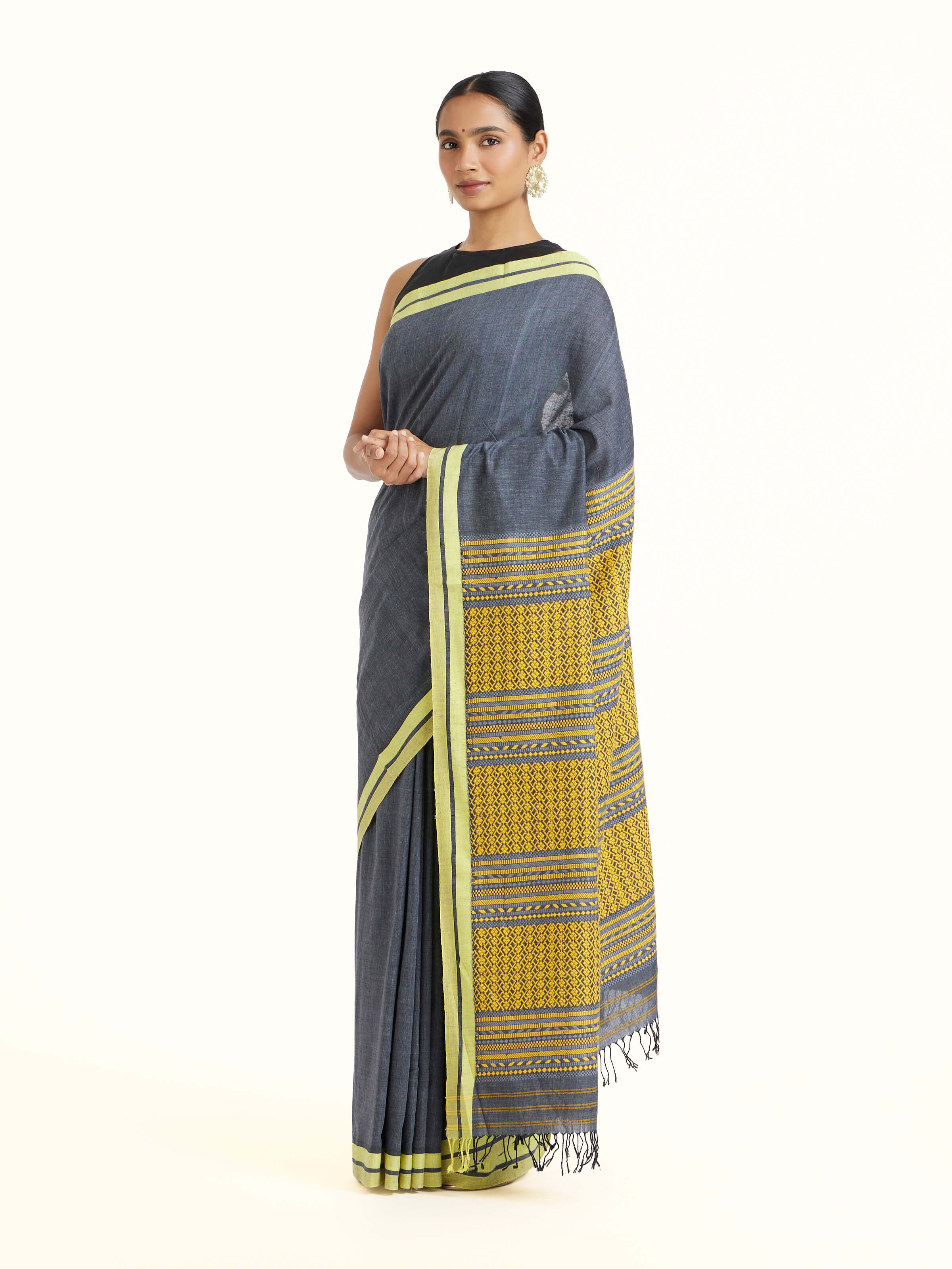 Side view of the Grey Cotton Silk Saree