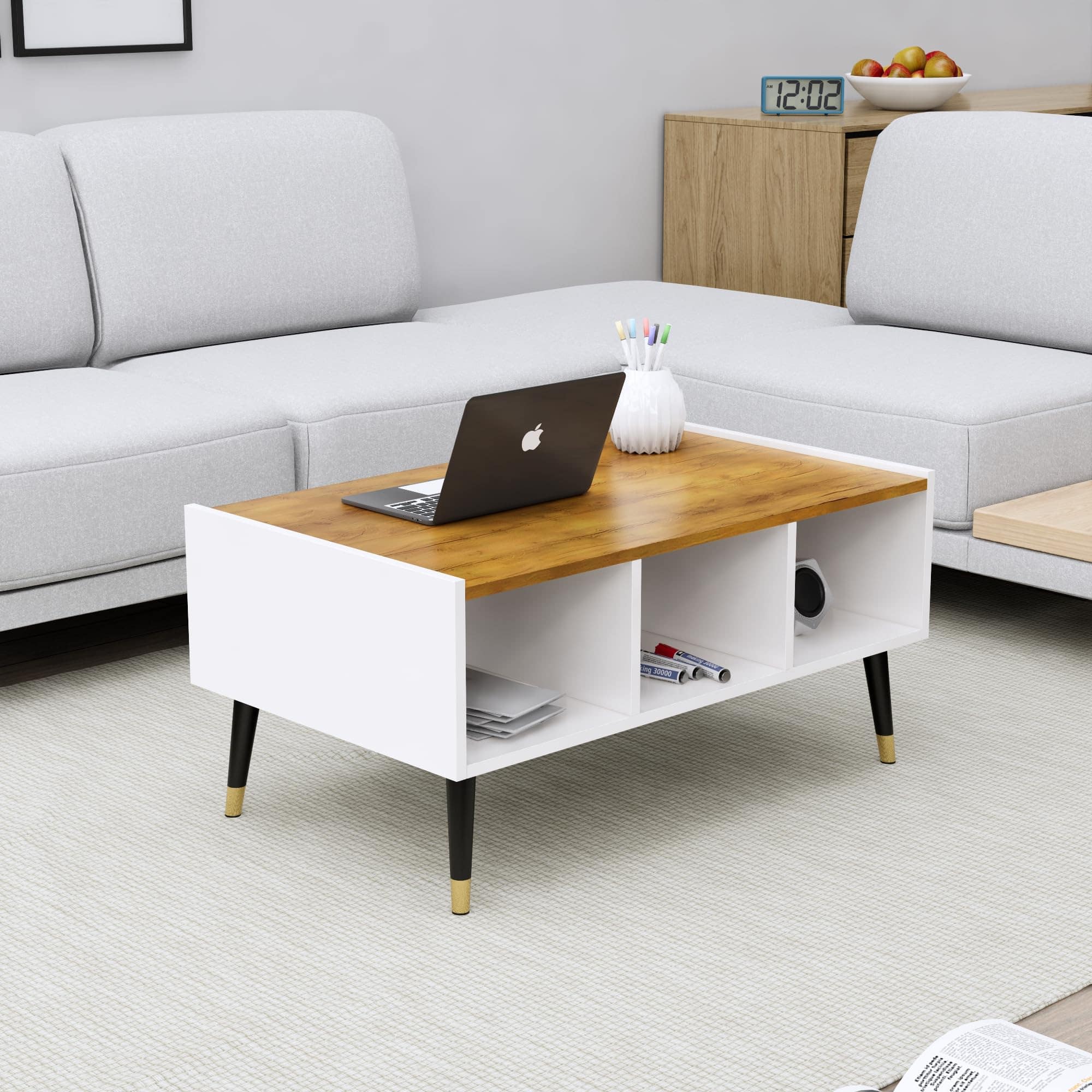 Hexa Engineered Wood Coffee Table With Storage And Open Rack In Frosty White And Giant Wood - HexaRed