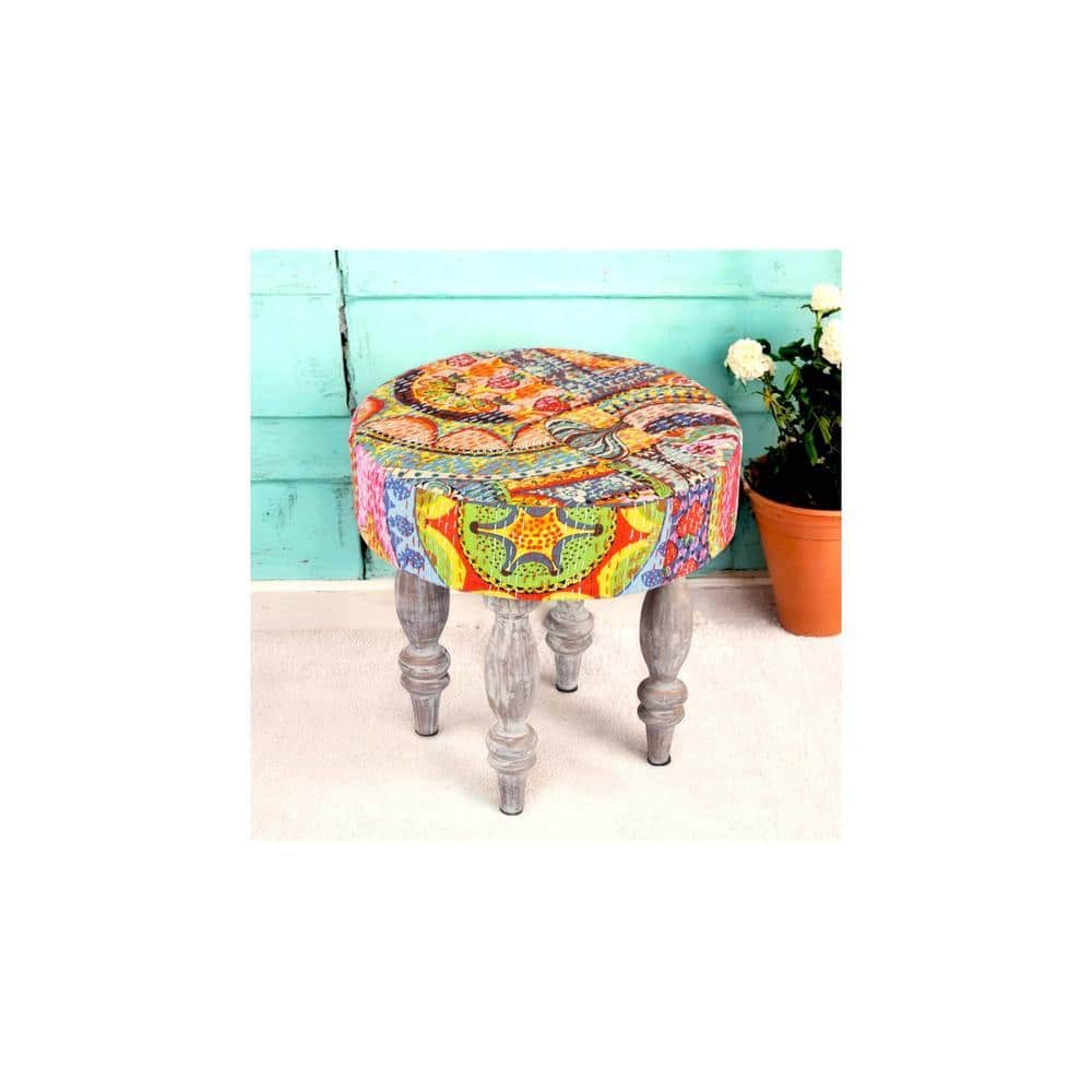Roswell Sheesham Wood Bohemian Round Stool in Israel Print Patchwork Kantha Upholstery