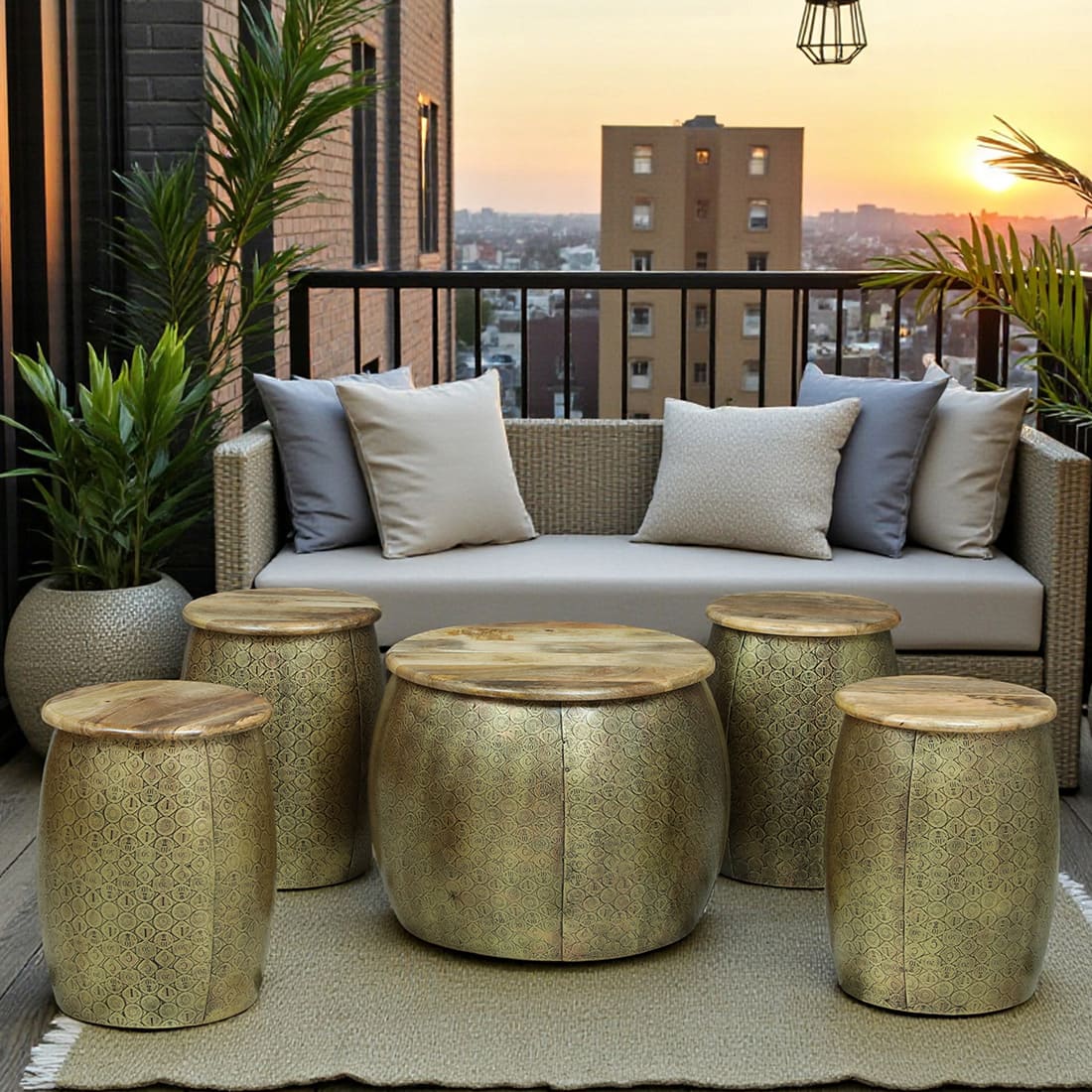 Royal Metal Coffee Table with 4 Stools in Gold Finish Set of 5 - Bhavya Exports