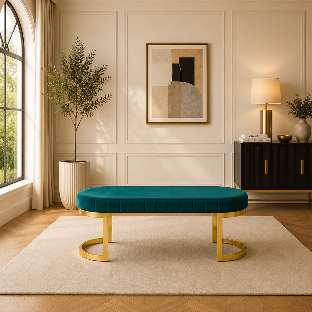 Doe Buck Upholstered Oval Bench in Teal Colour with Gold Loop Legs - Doe Buck