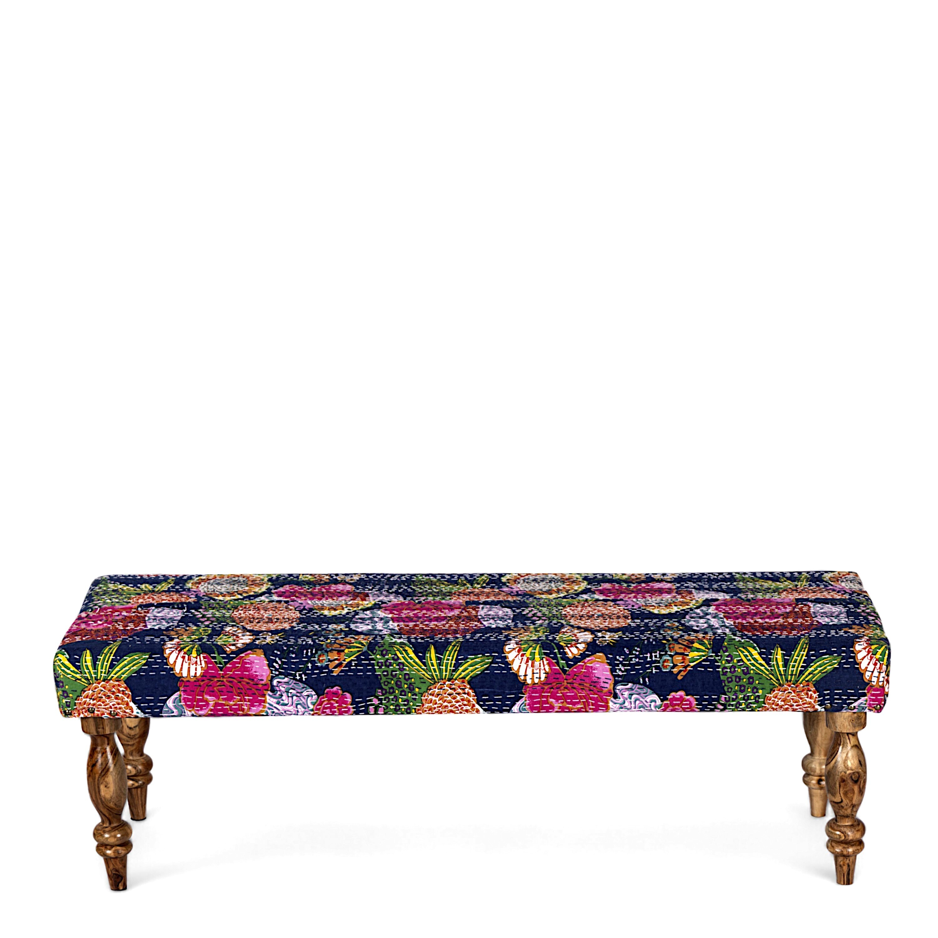 Cairo Sheesham Wood Mid Century 3 Seater Bench In Fruit Print Blue Kantha
