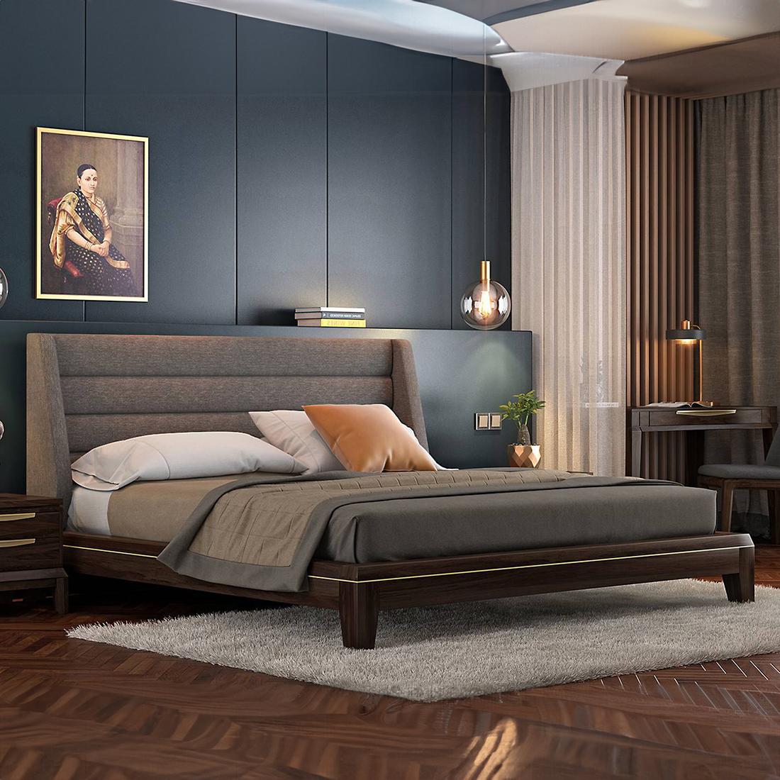 Taarkashi Solid Wood Queen Size Non Storage Bed In American Walnut Finish