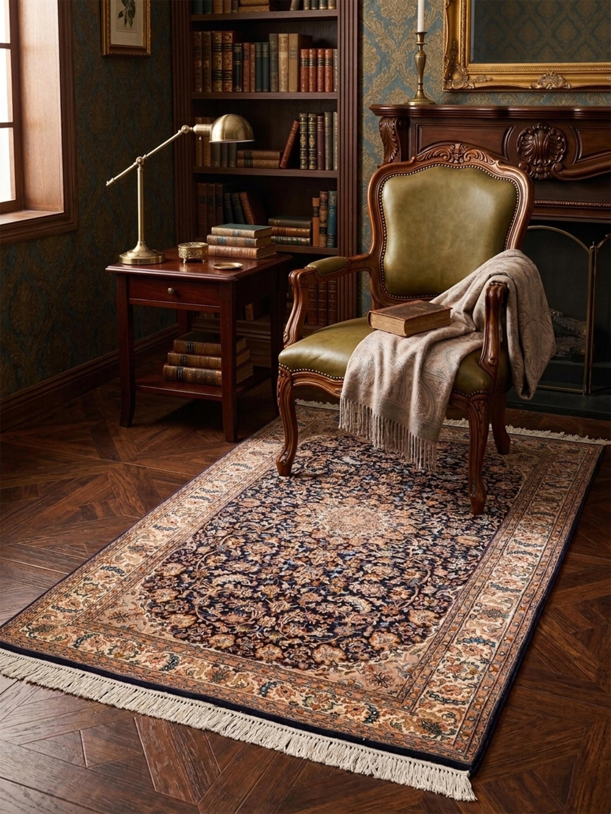 Traditional Persian Navy Ivory Kashan Kashmir Silk Hand-Knotted Carpet