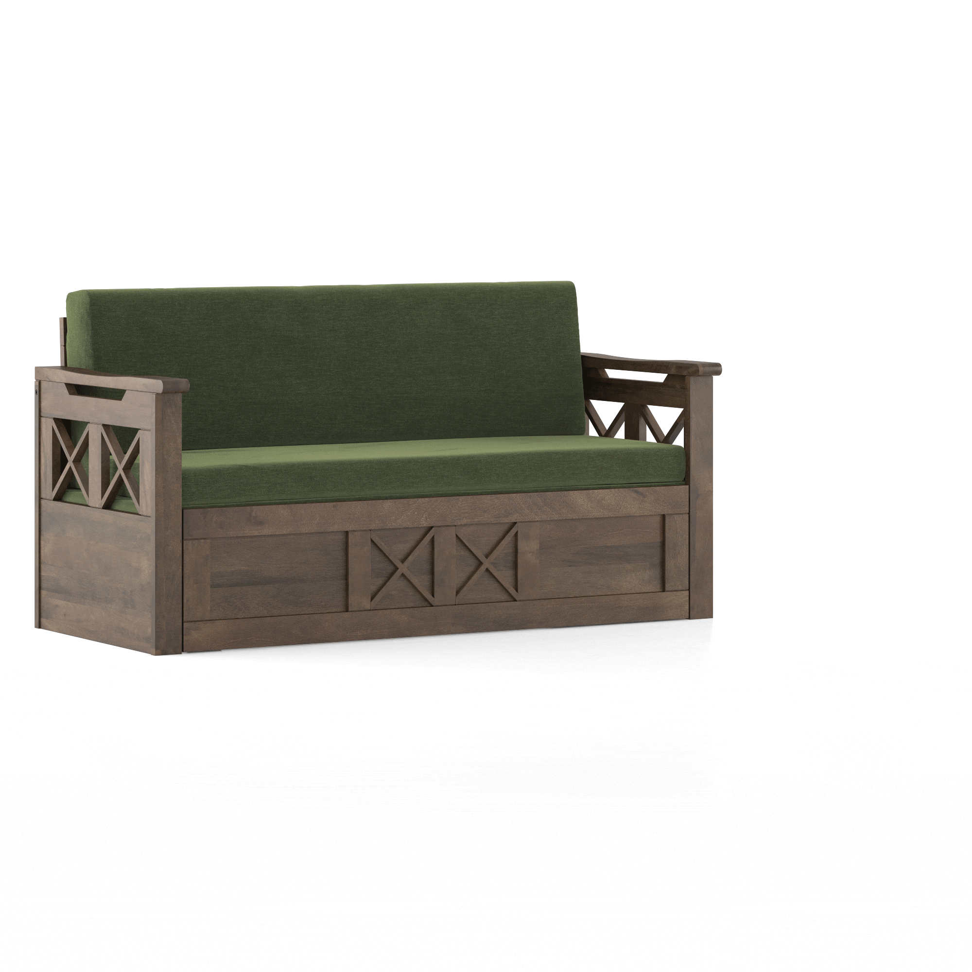 Bram 3 Seater Sofa Cum Bed in Danish Walnut Finish with Moss Green Colour