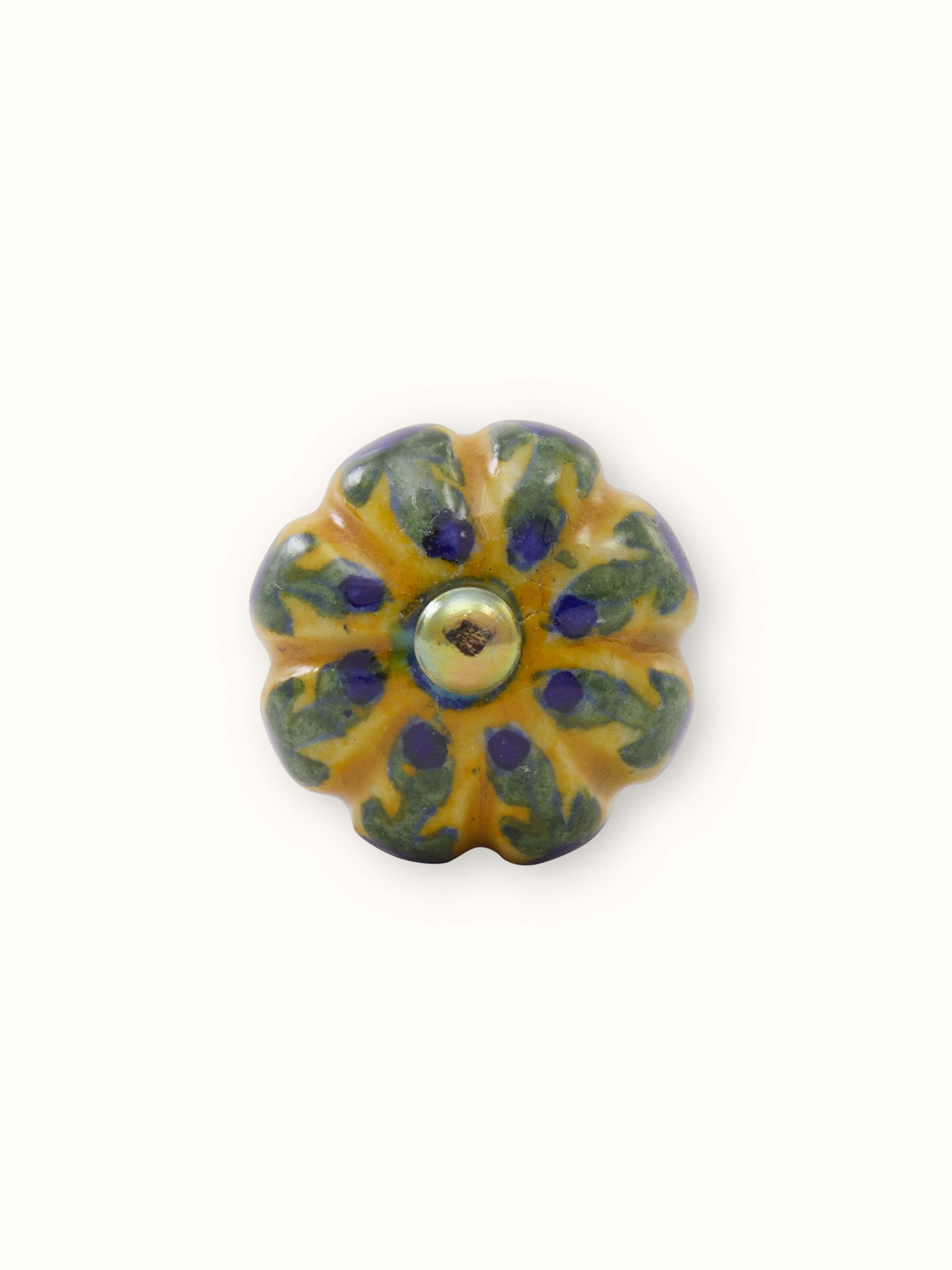 Blue pottery round rib door knob set with metal fitting – detail shot