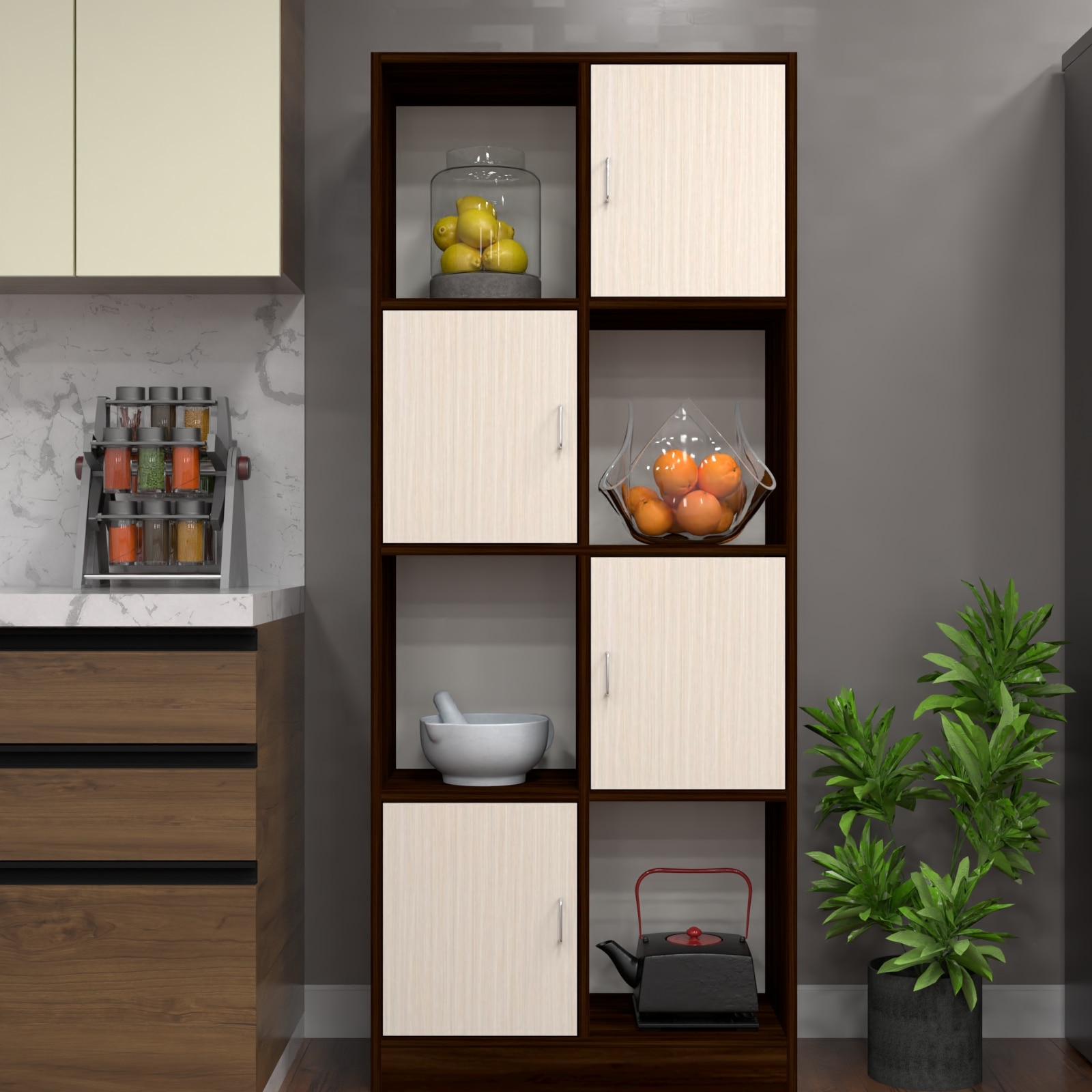 8 Shelves Semi Open Multipurpose Matrix Kitchen Cabinet In Highland Pine & Asian Walnut Finish - Speciality Panels