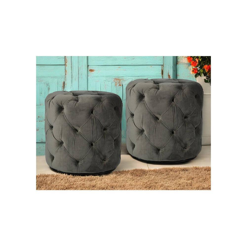 Dallas Solid Wood Accent Round Set of 2 Ottomans in Iron Grey Velvet Upholstery