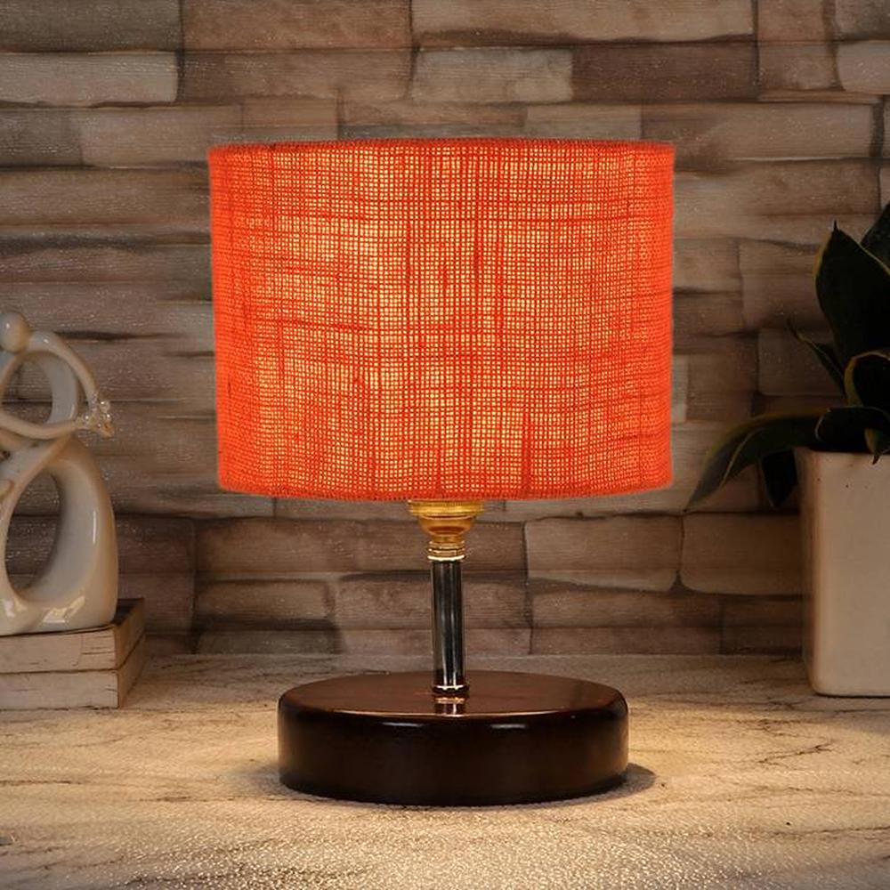 Harari Orange Jute Table Lamp with brown wood base - Devansh