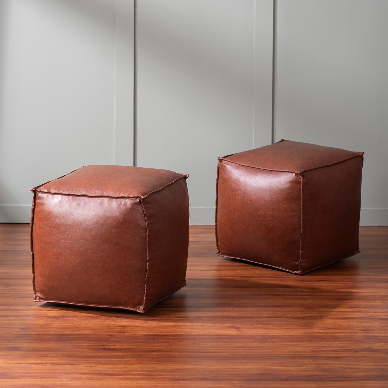 Cube Collection Tan Faux Leather Pouf Ottoman Set Of 2 - Nestroots