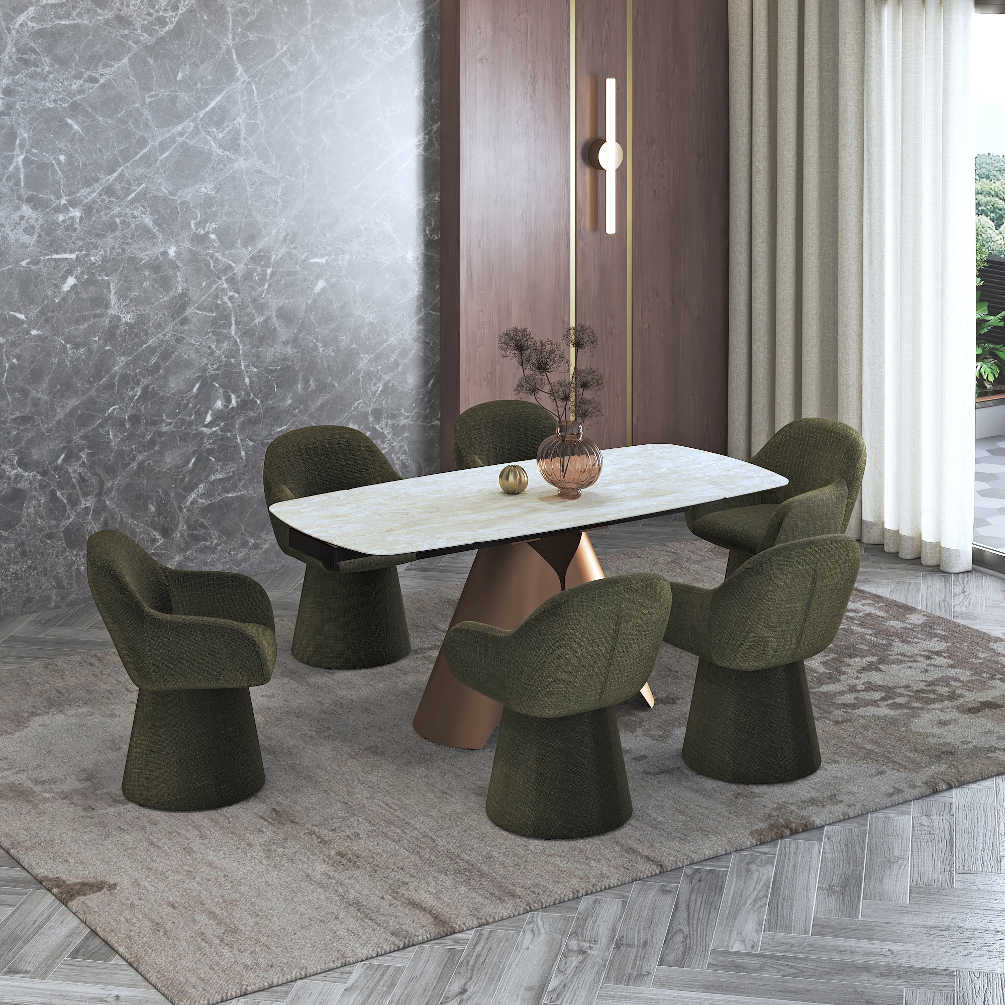 Aeris Ceramic 4 To 6 Seater Extendable Dining Table With 4 Selene Dining Chairs (Finish : Rome Travertine, Chair Colour : Green)