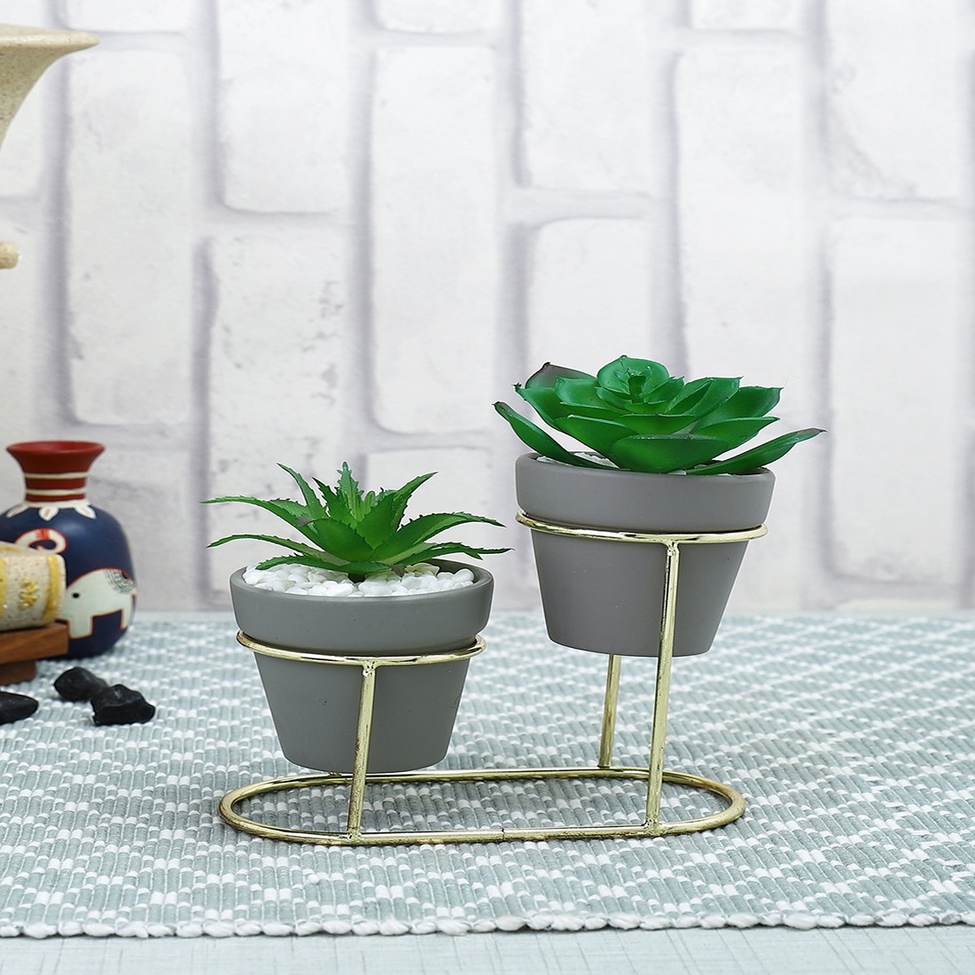 Golden Accent Dual Planter With Artificial Plants