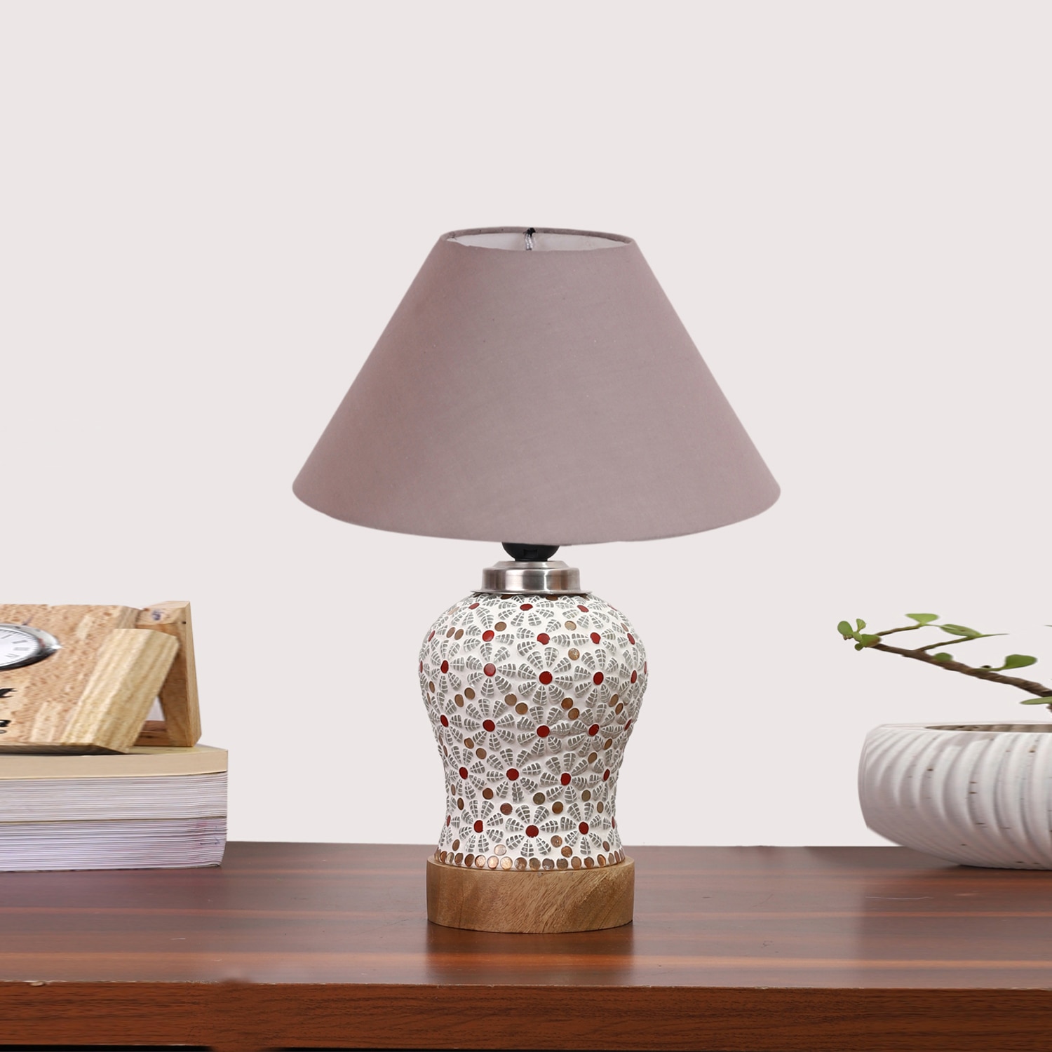 Devansh Conical Grey Cotton Shade Lamp With Wood & Mosaic Glass Base For Decoration/Office/Home/Gifting/Study For Decoration/Office/Home/Gifting/Study -(10X10X14.5) Inches -A - Devansh