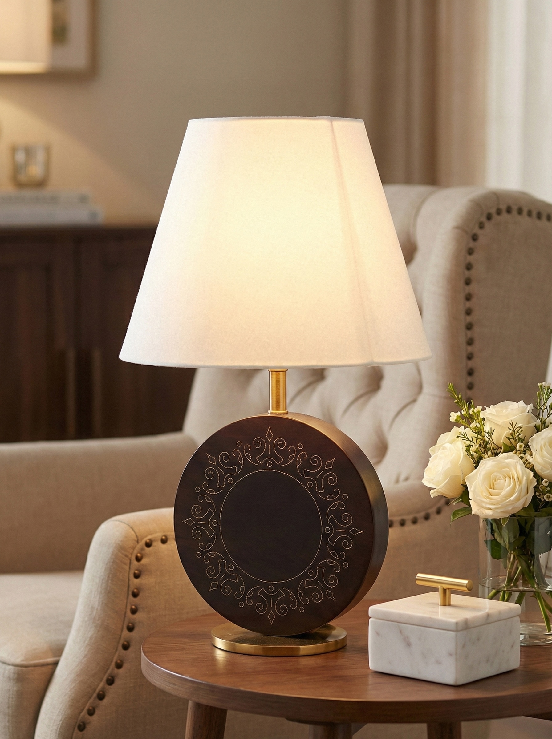 Front view of Tarkashi Sheesham Wood & Brass Table Lamp