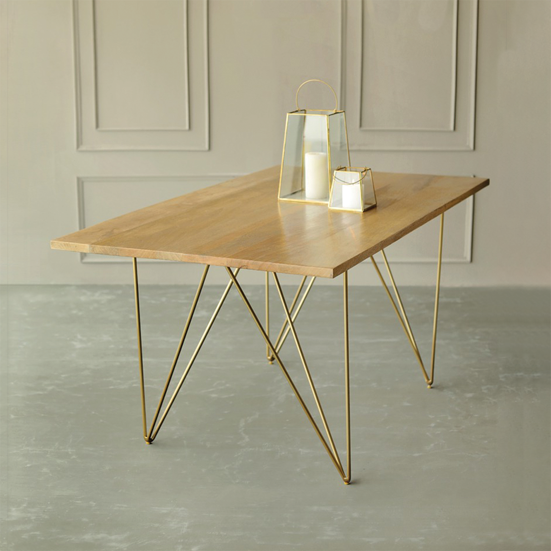 Art Deco Solid Wood 6 Seater Dining Table in Natural & Brass Finish - Orange Tree