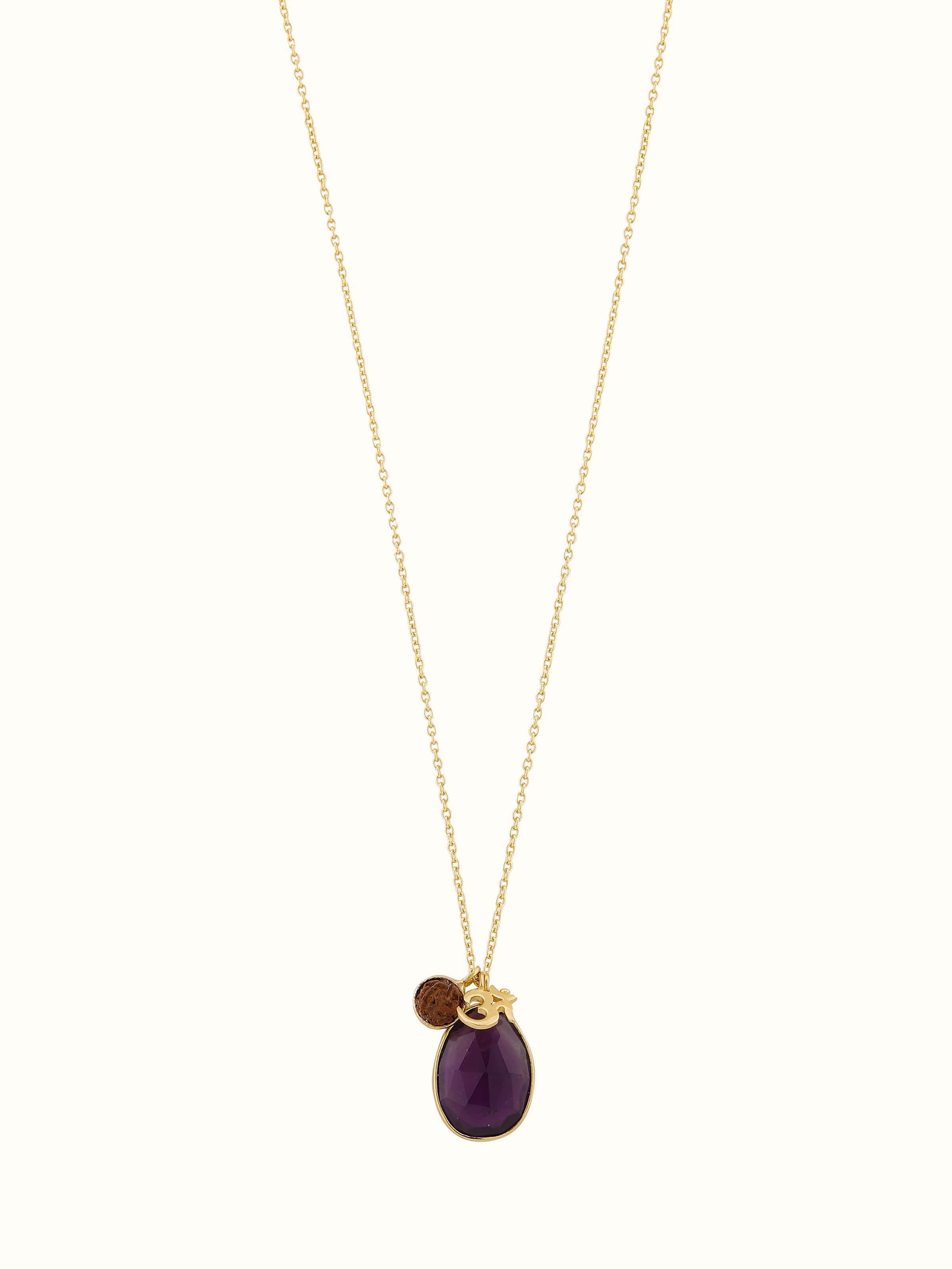 Front view of gold-plated Rudraksha necklace with Amethyst stones and Om charm on delicate silver chain