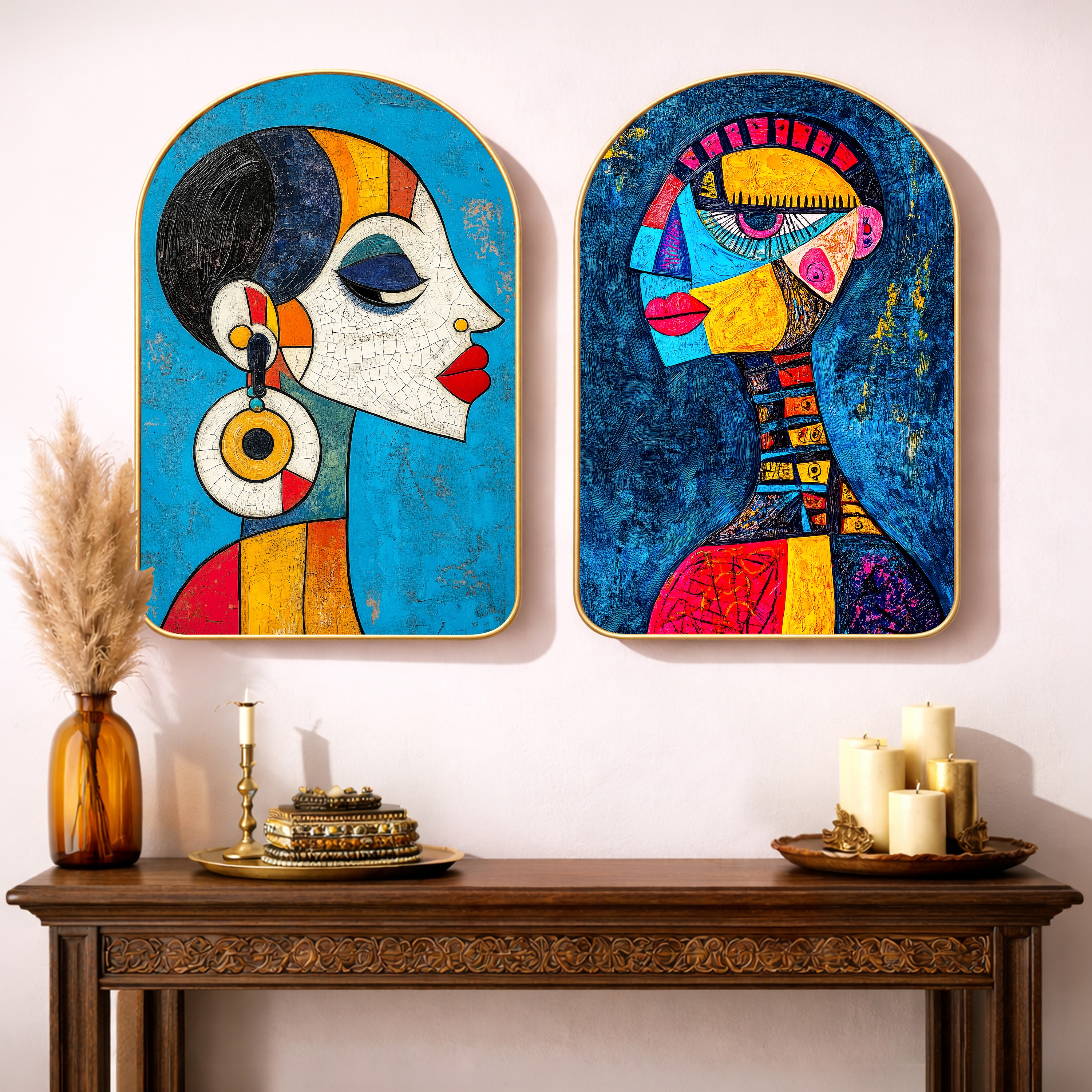 Abstract Women Face Wall Art Painting Set of 2 Gold Frame 16 x 24 Inch - Art Street