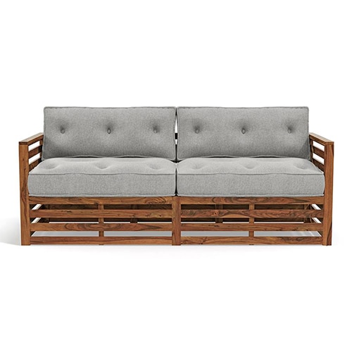 Raymond Wooden Sofa - Teak Finish (Vapour Grey) (Finish : teak; Custom Set - Sofas : 0003; Standard Set - Sofas : none; Sofa Material : fabric; Sofa Size : regular; Sofa Type : regular; Colour : vapour grey)