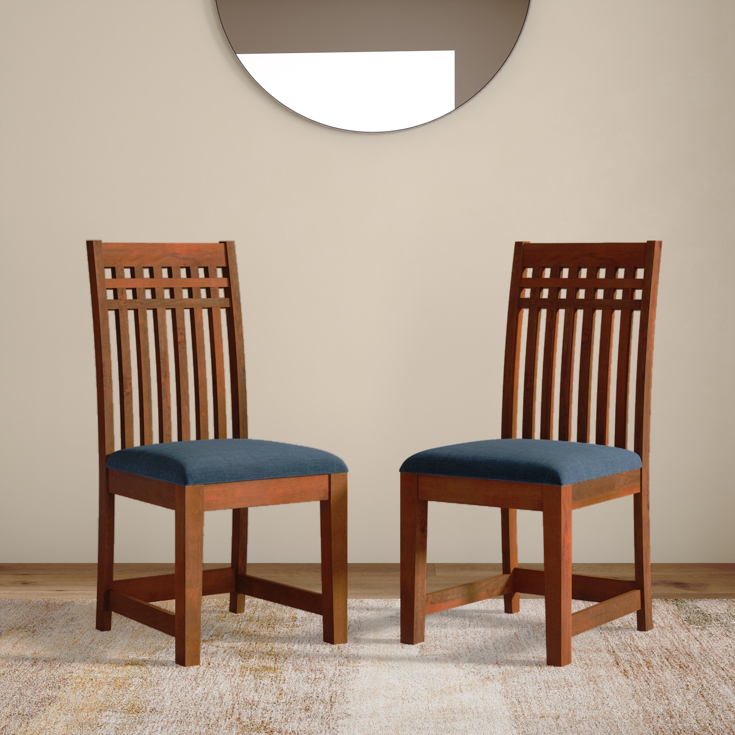 Diego Solid Wood Dining Chairs Set of 2 in Honey Finish with Midnight Indigo Blue Colour