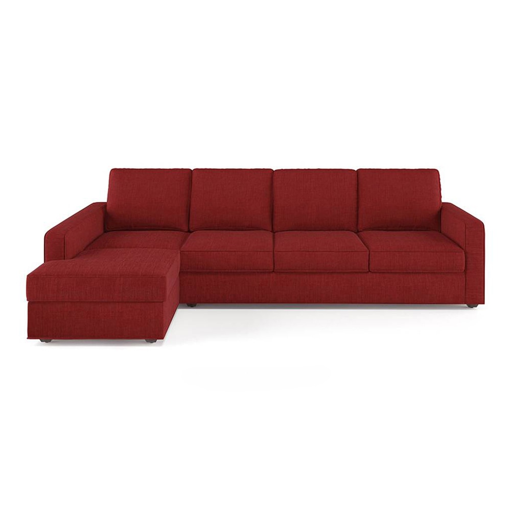 Apollo Fabric Sectional Sofa (Colour : Salsa Red, Cushion : Soft, Back Type : Regular, Seating Capacity : Left Aligned 3 Seater + Left Aligned Chaise + Ottoman) - Urban Ladder