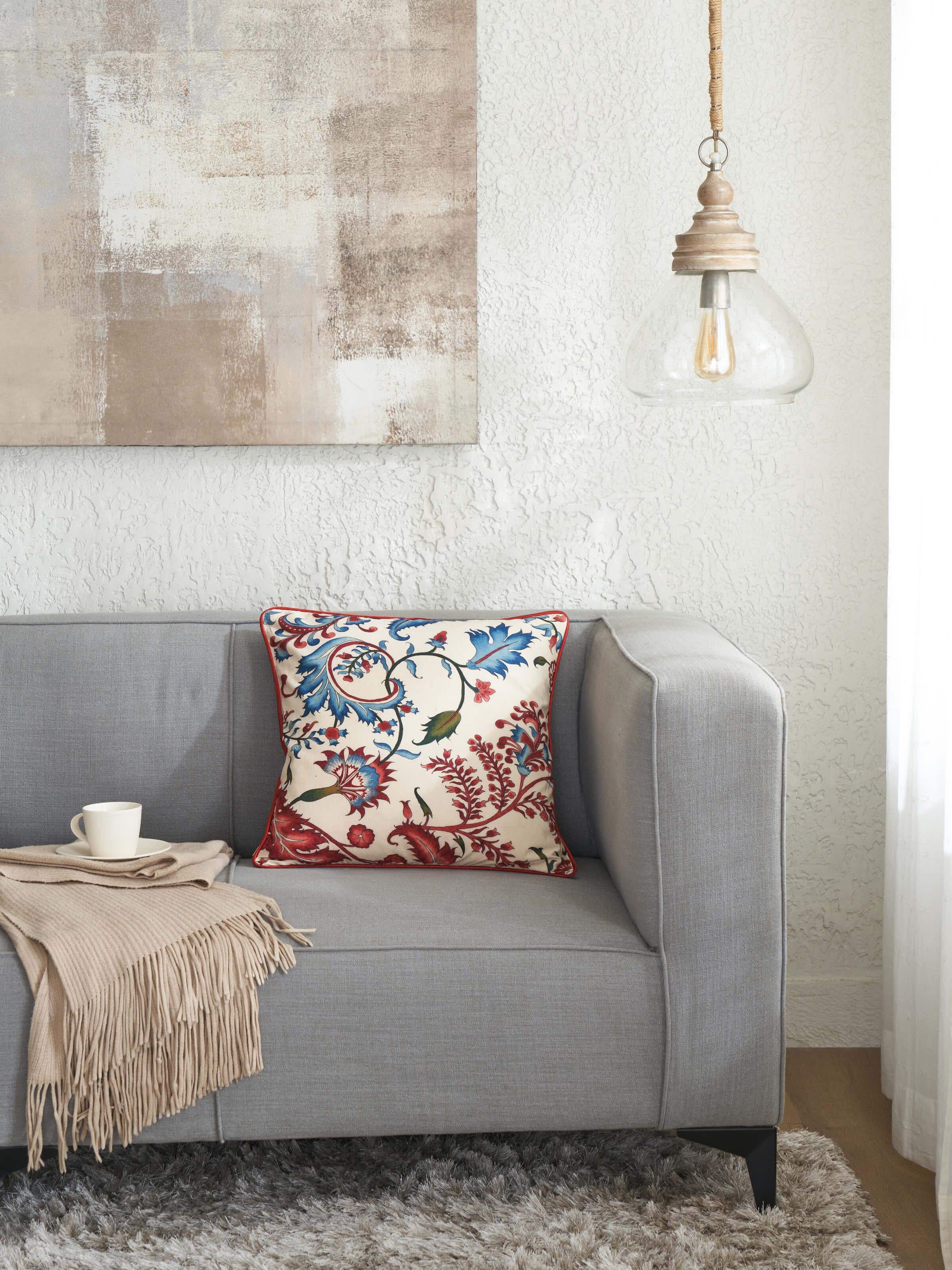 Top-down shot showing the texture and detailed artistry of the cushion cover
