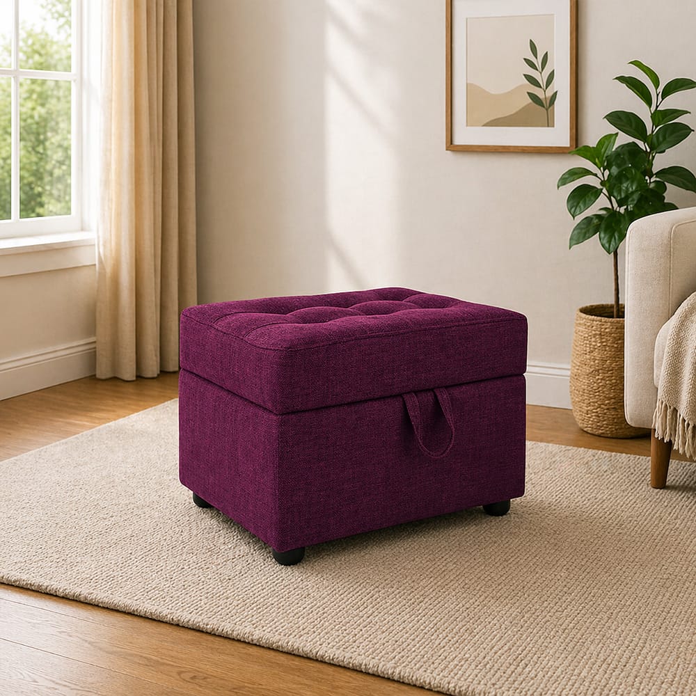 Doe Buck Tufted Storage Ottoman Bench in Purple Colour Fabric - Doe Buck